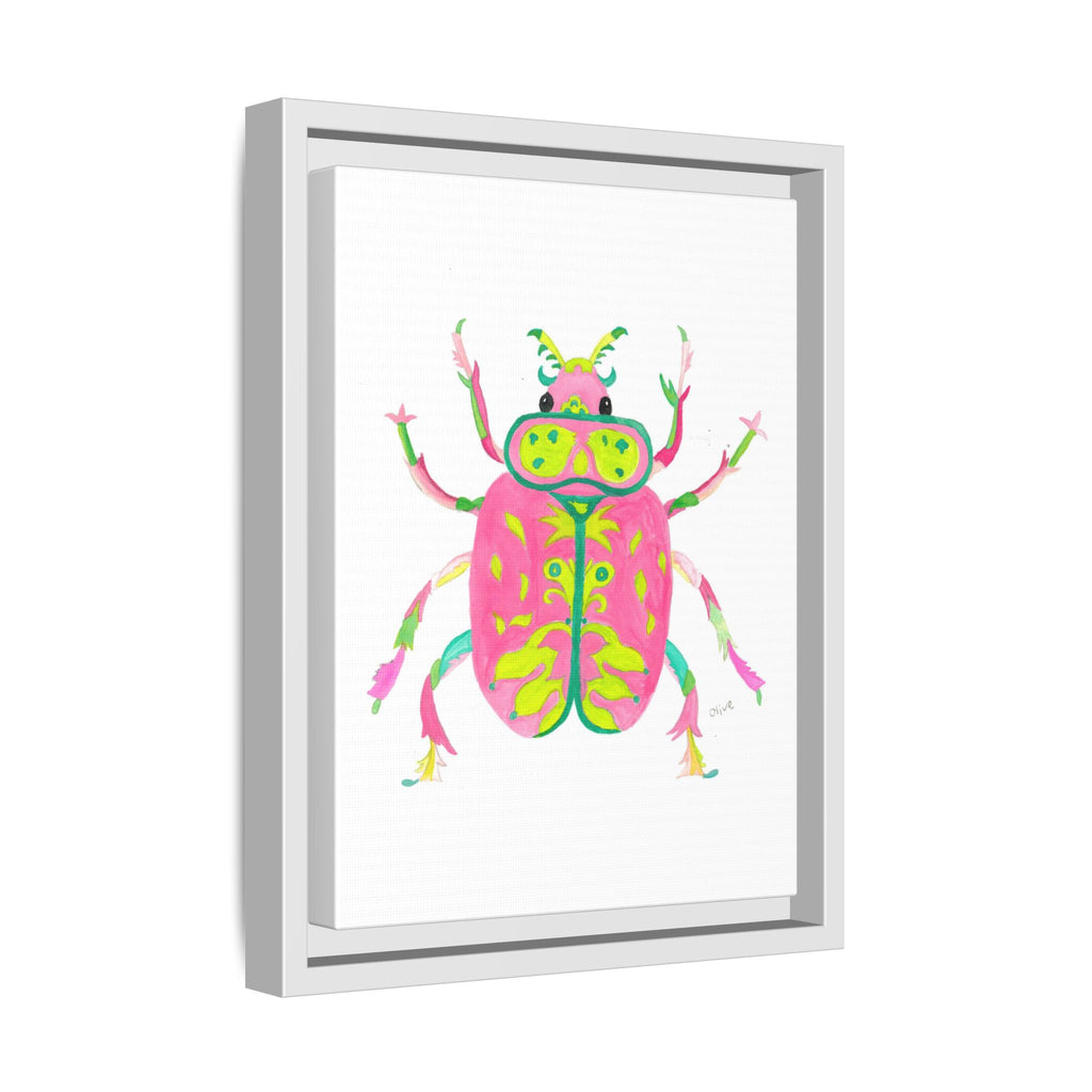 Neon Beetle Framed Canvas Print — Vibrant Pink & Lime Bug Wall Art - By Olive Highfield