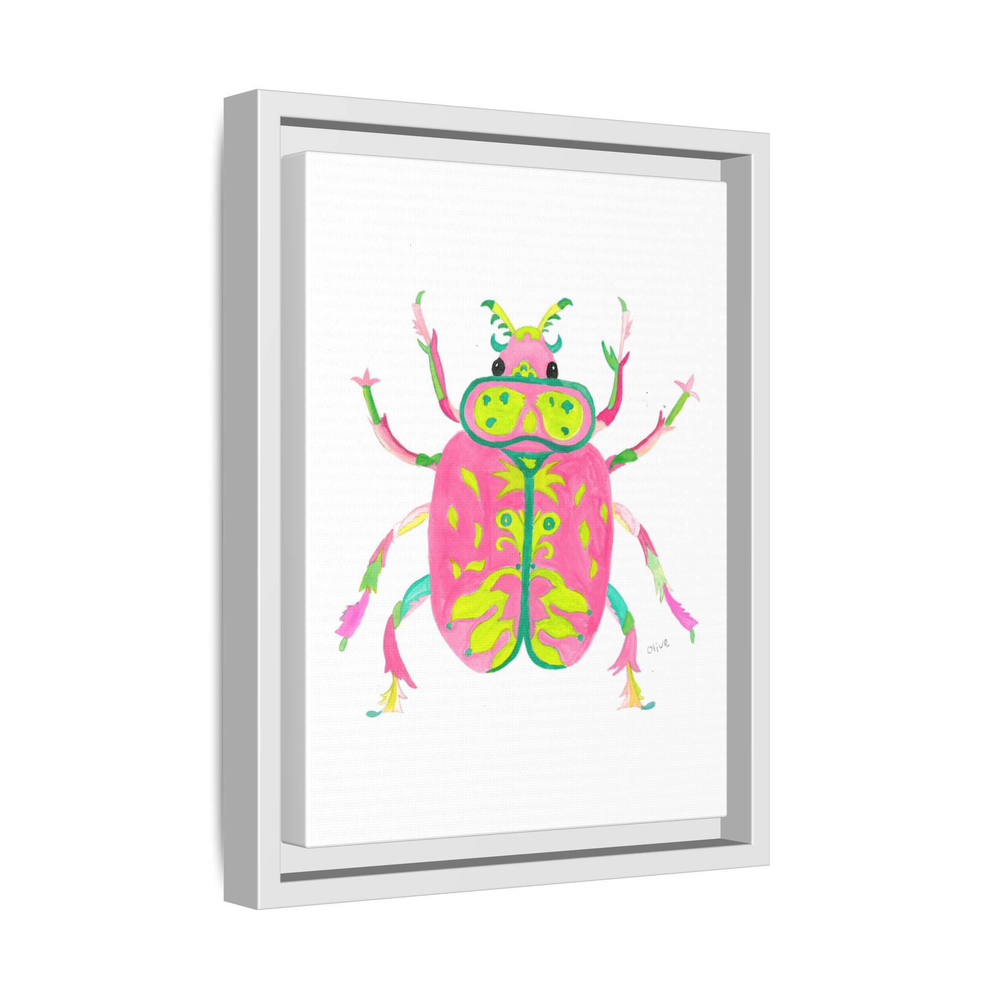 Neon Beetle Framed Canvas Print — Vibrant Pink & Lime Bug Wall Art - By Olive Highfield