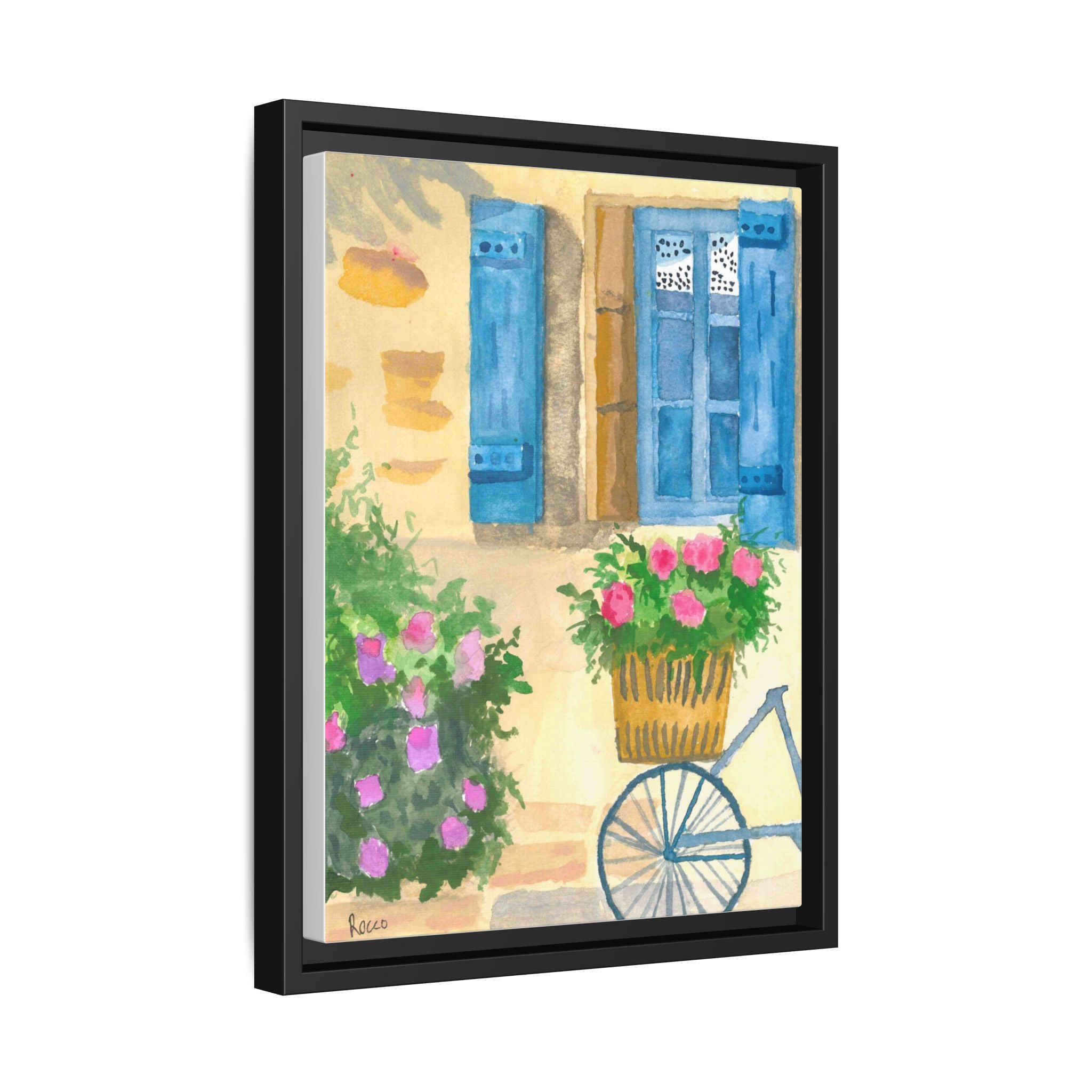 Framed Canvas Art — Bicycle by Blue Shutter Window, Floral Cottage Wall Decor by Rocco Scoggins