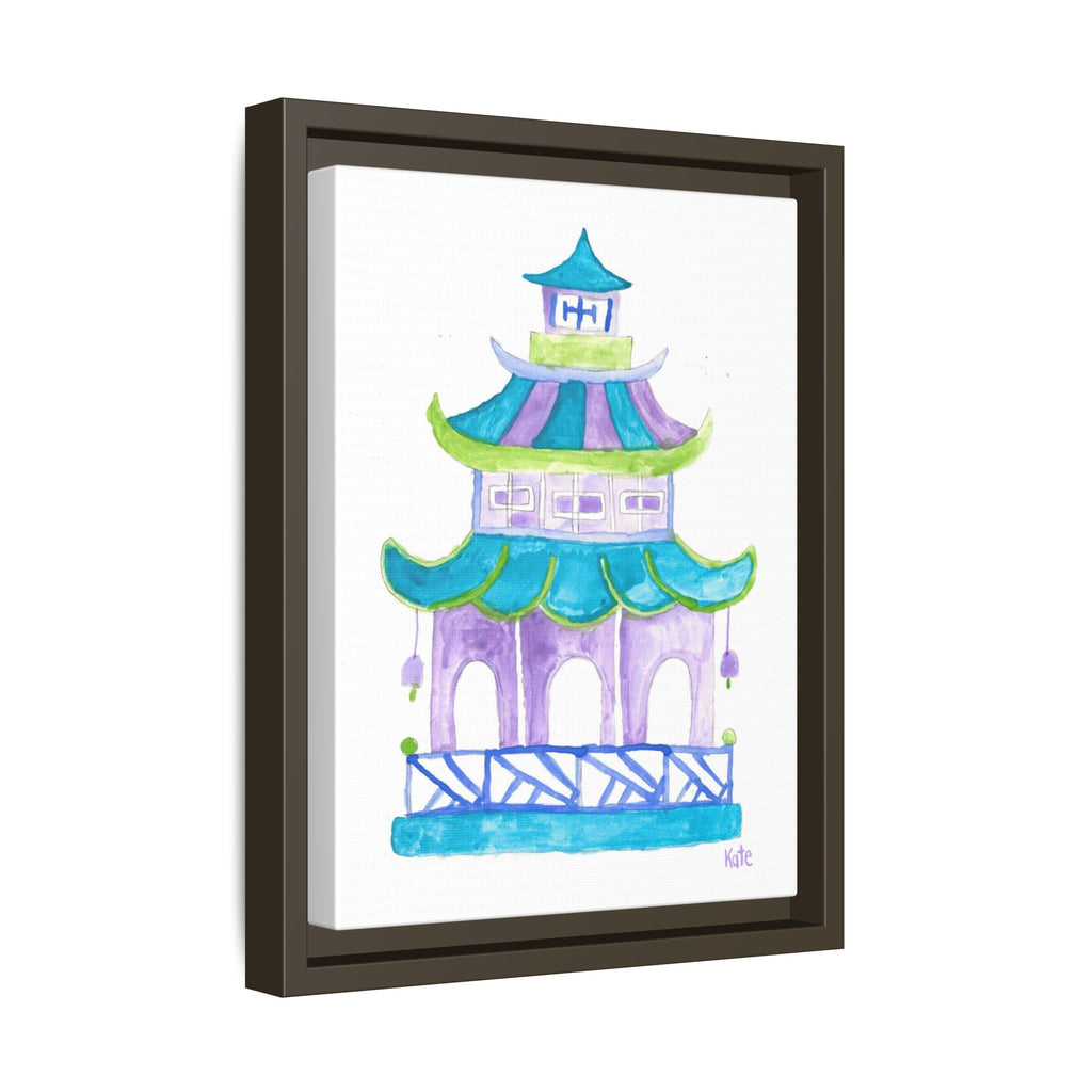 Pagoda Watercolor Wall Art — Framed Matte Canvas Print (Teal & Lavender) - By Kate