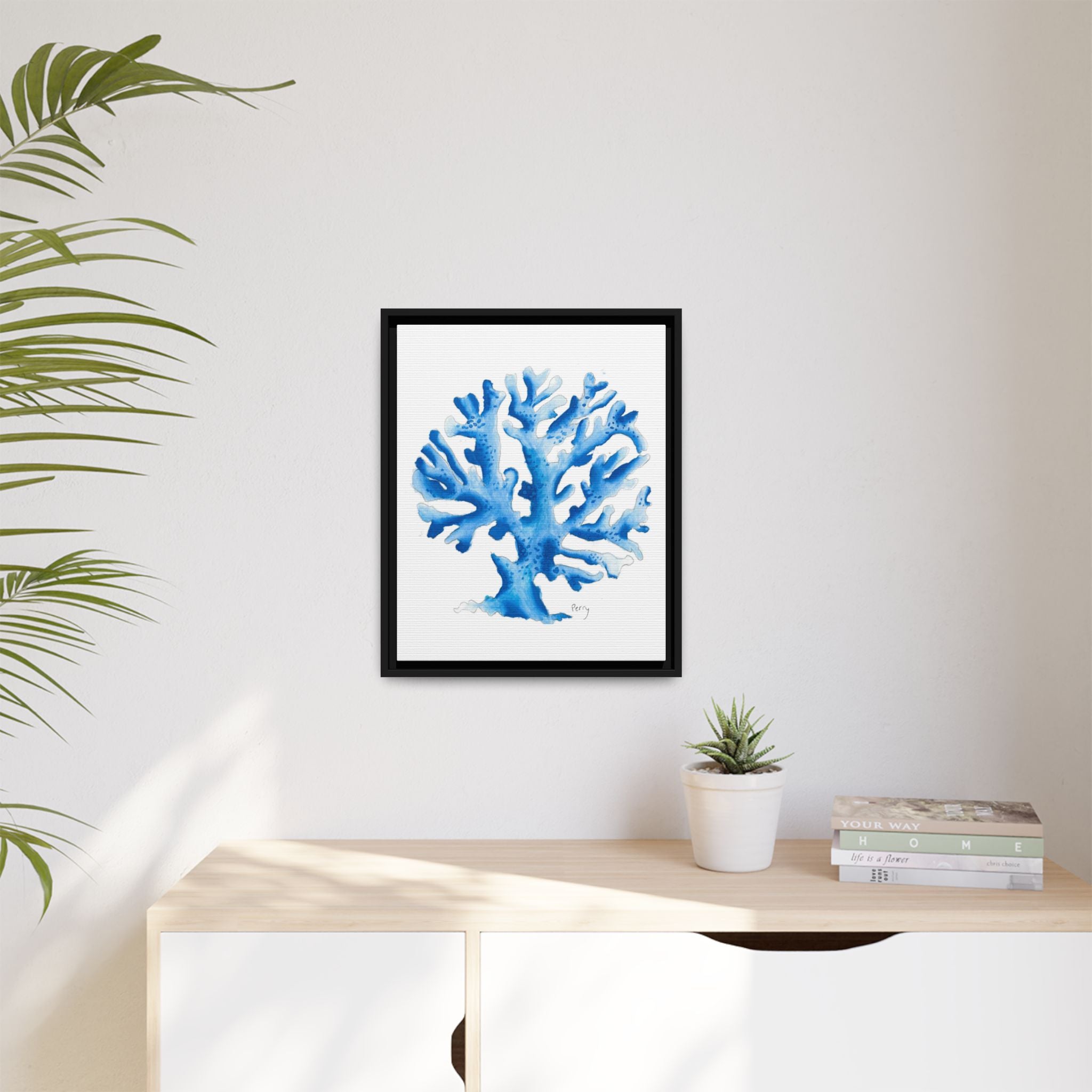 Blue Coral Watercolor Matte Canvas Print (Framed) - By Perry