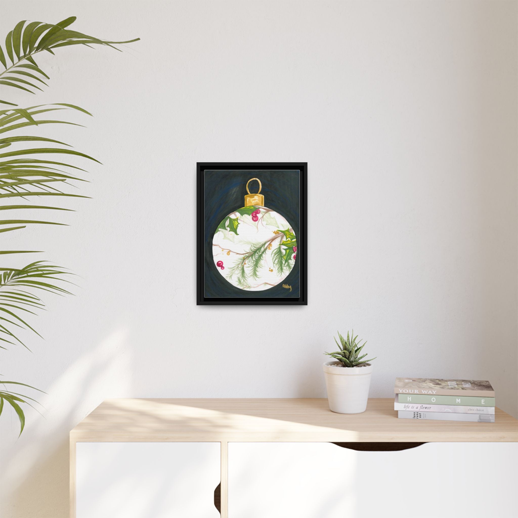 Framed Christmas Ornament Art Print — Holiday Holly & Pine Matte Canvas - By ABBY SANDI