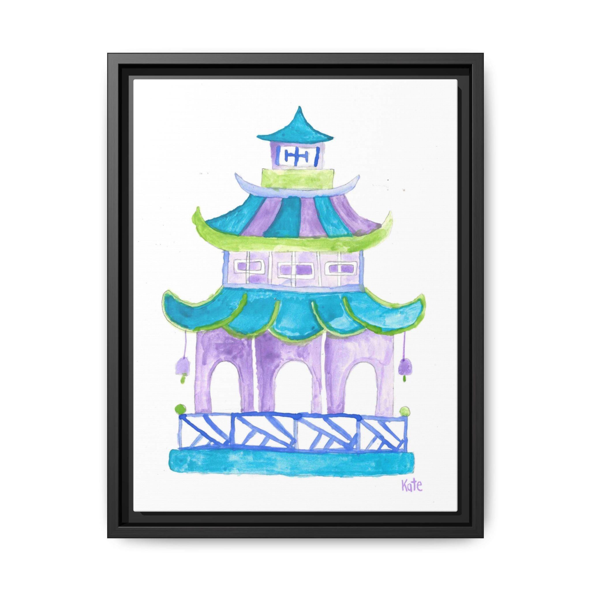 Pagoda Watercolor Wall Art — Framed Matte Canvas Print (Teal & Lavender) - By Kate