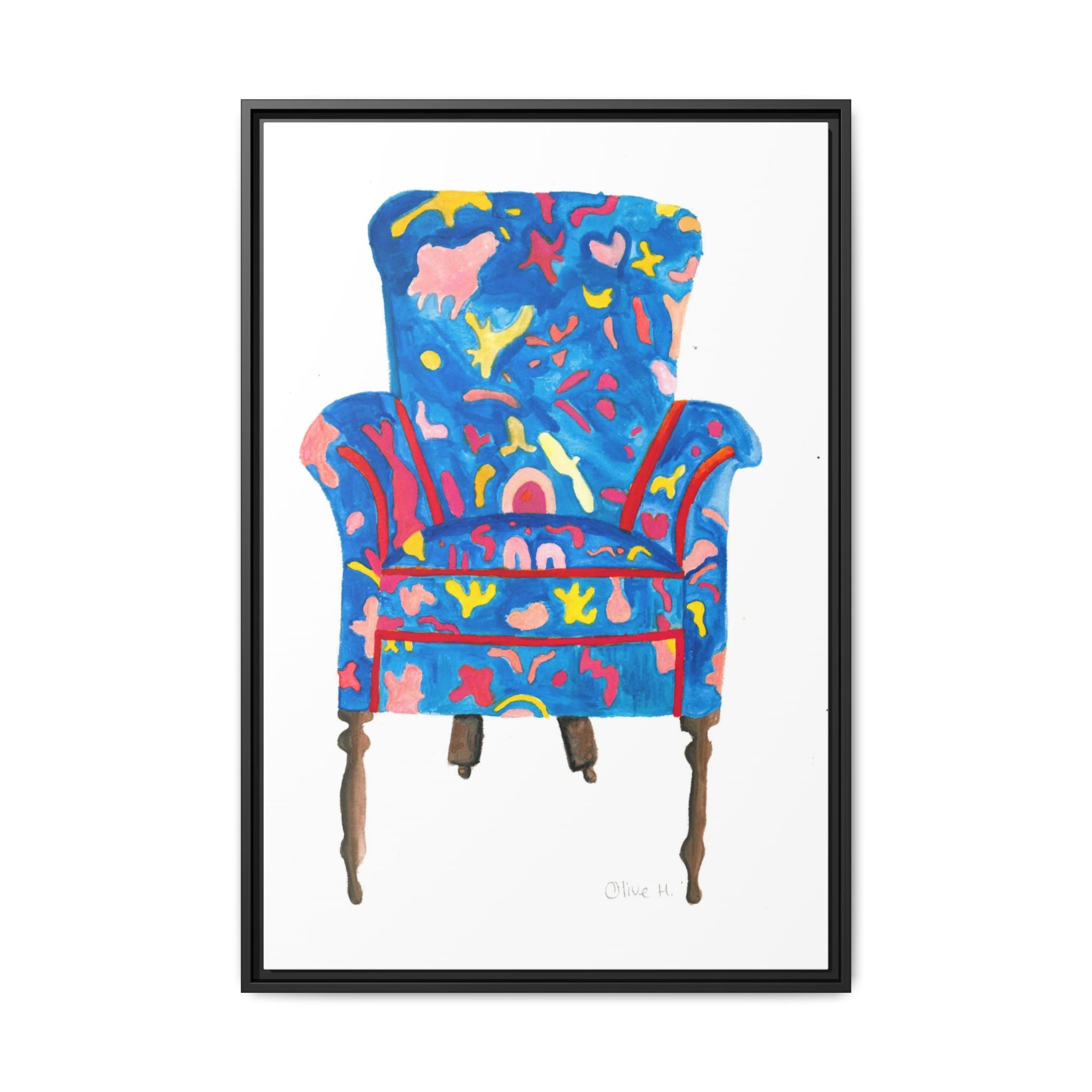 Framed Bright Blue Armchair Canvas Print — Colorful Floral Accent Art - By Olive Highfield