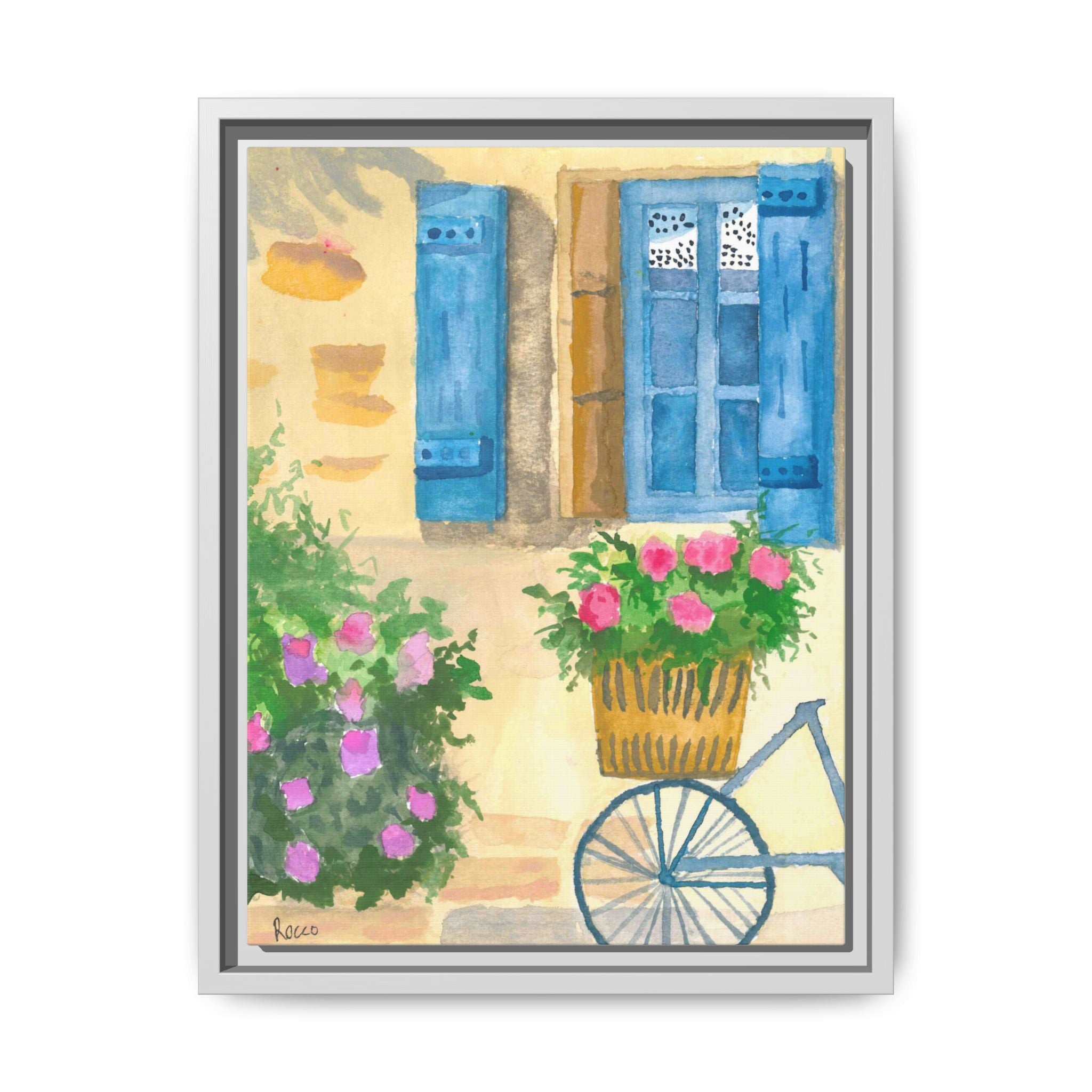 Framed Canvas Art — Bicycle by Blue Shutter Window, Floral Cottage Wall Decor by Rocco Scoggins
