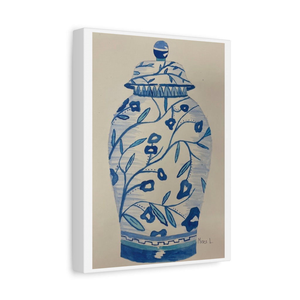 Decorative Canvas Art Print - Blue Floral Vase - BY Moses Lopez