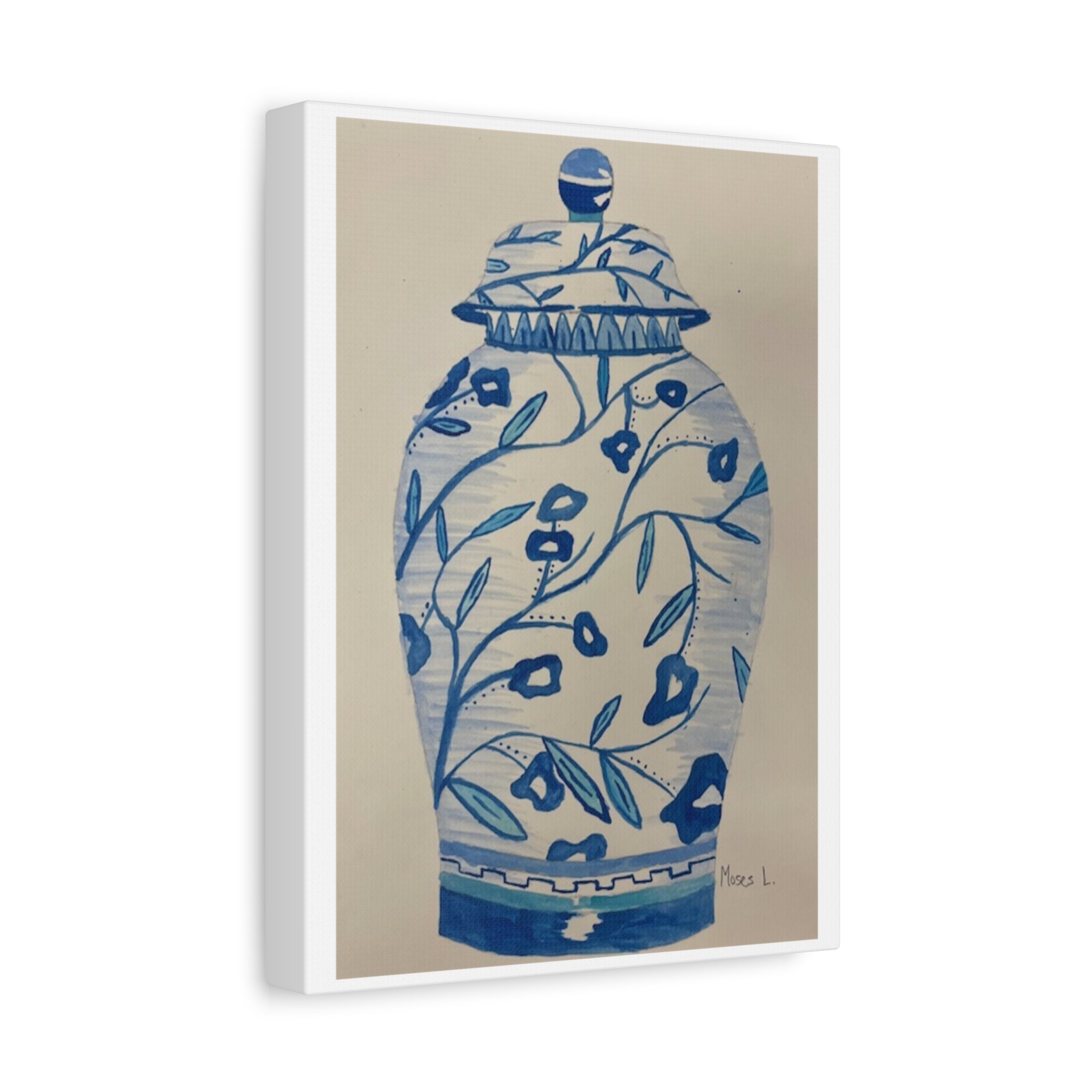 Decorative Canvas Art Print - Blue Floral Vase - BY Moses Lopez