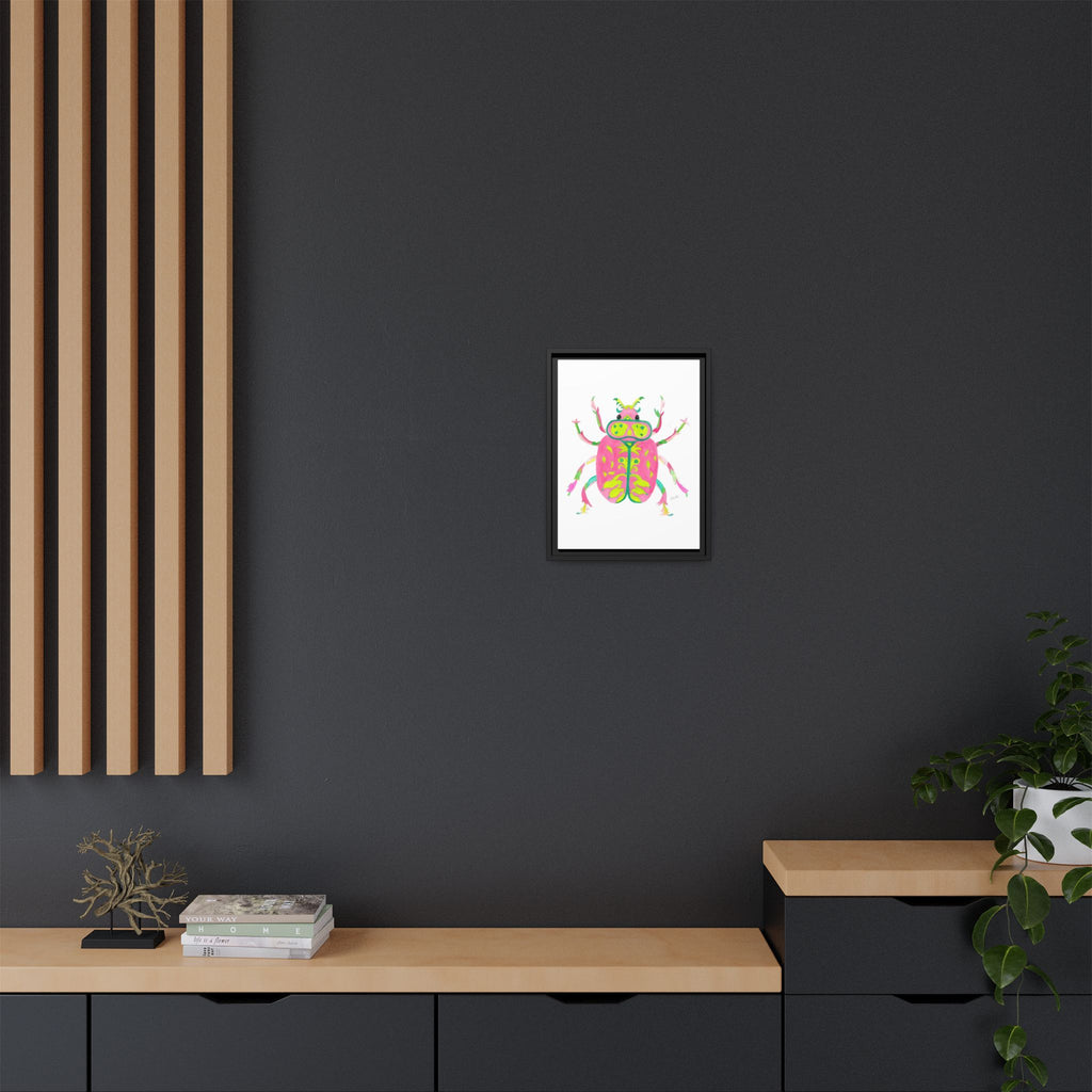 Neon Beetle Framed Canvas Print — Vibrant Pink & Lime Bug Wall Art - By Olive Highfield