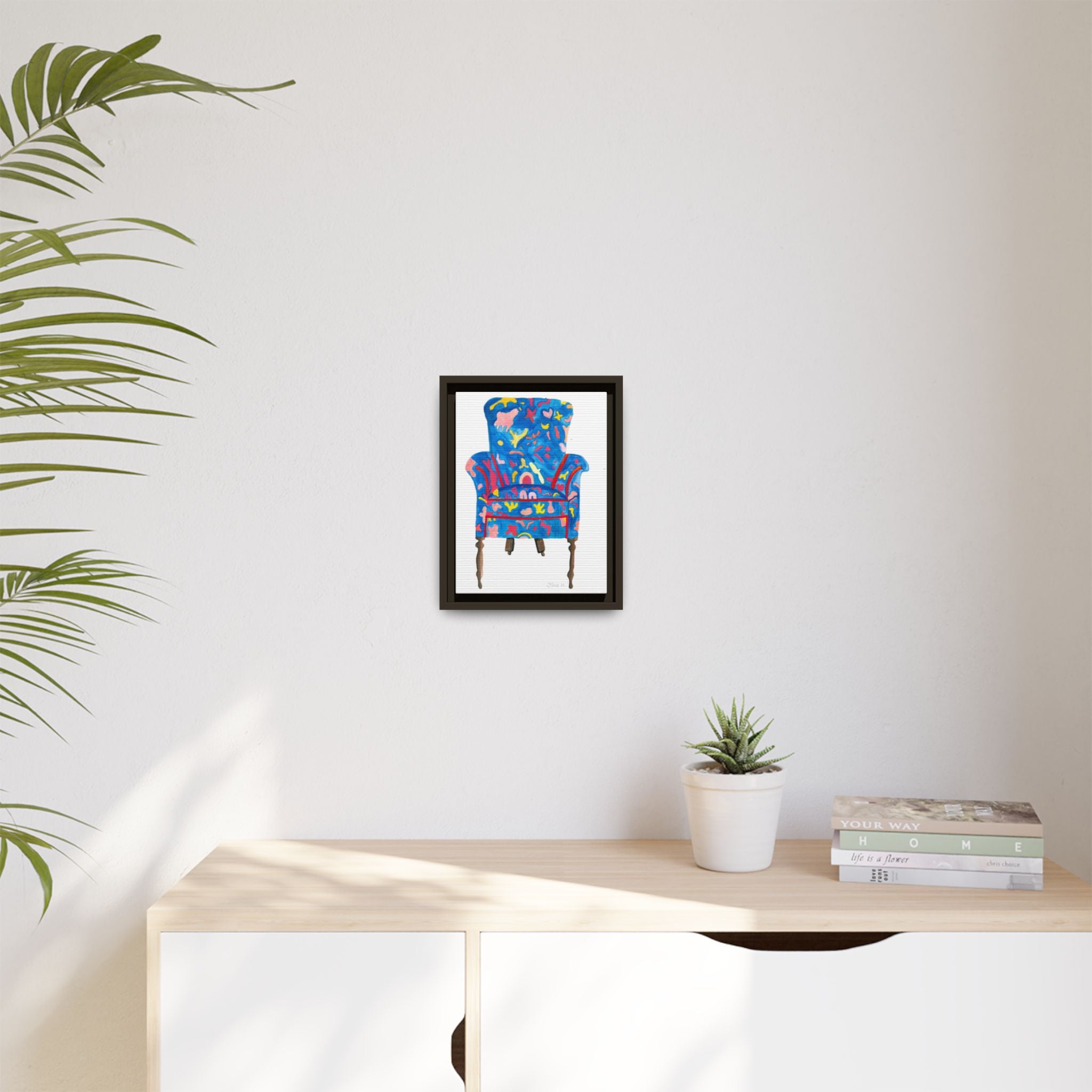Framed Bright Blue Armchair Canvas Print — Colorful Floral Accent Art - By Olive Highfield
