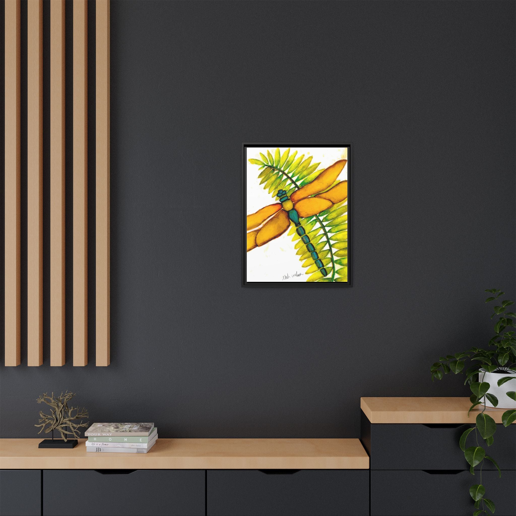 Framed Dragonfly Art Print - Tropical Yellow Green Matte Canvas - By Noah Wilson