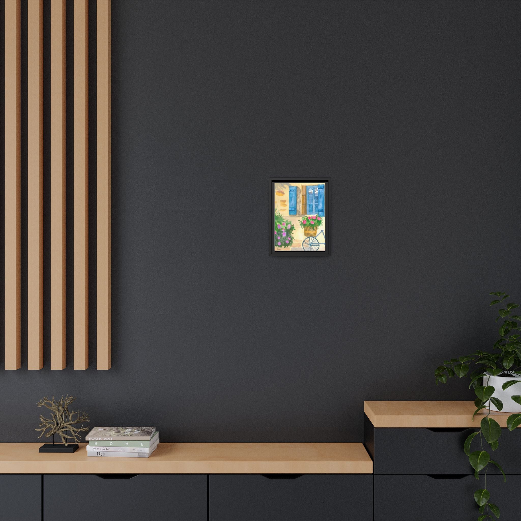 Framed Canvas Art — Bicycle by Blue Shutter Window, Floral Cottage Wall Decor by Rocco Scoggins