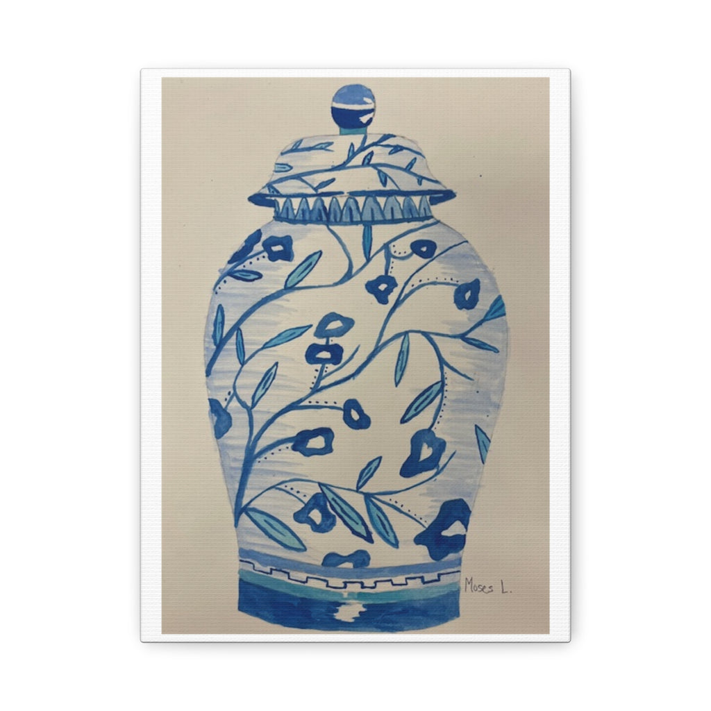 Decorative Canvas Art Print - Blue Floral Vase - BY Moses Lopez