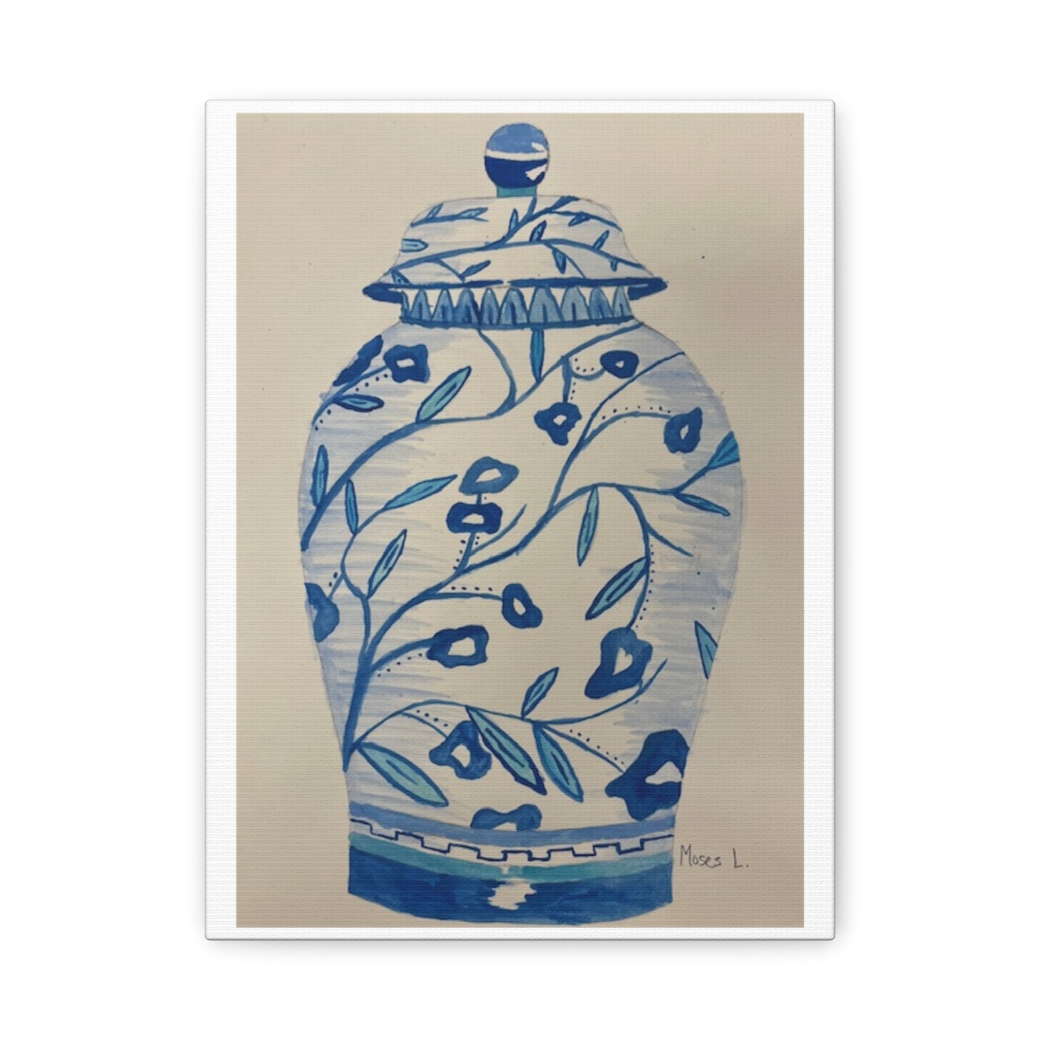 Decorative Canvas Art Print - Blue Floral Vase - BY Moses Lopez