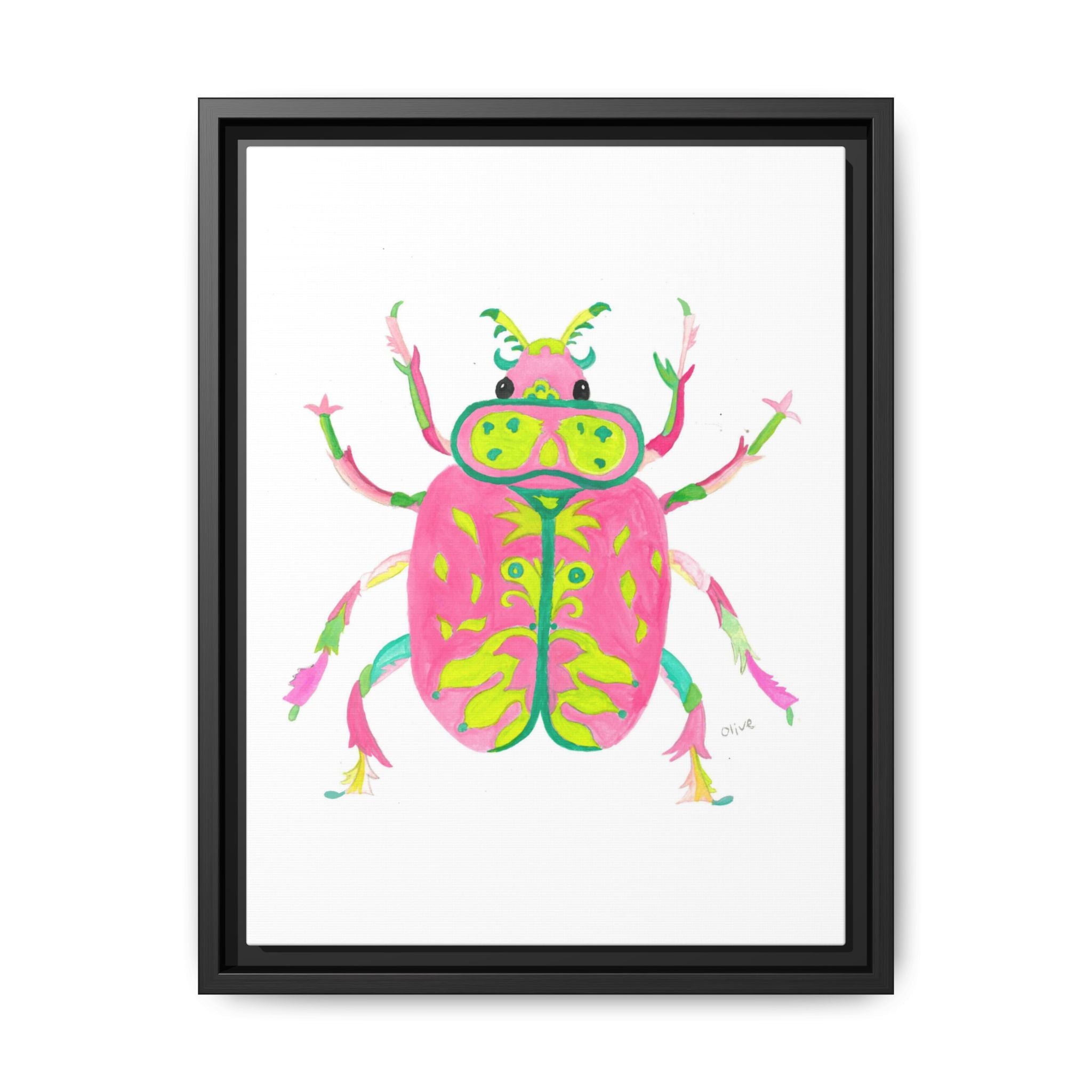Neon Beetle Framed Canvas Print — Vibrant Pink & Lime Bug Wall Art - By Olive Highfield