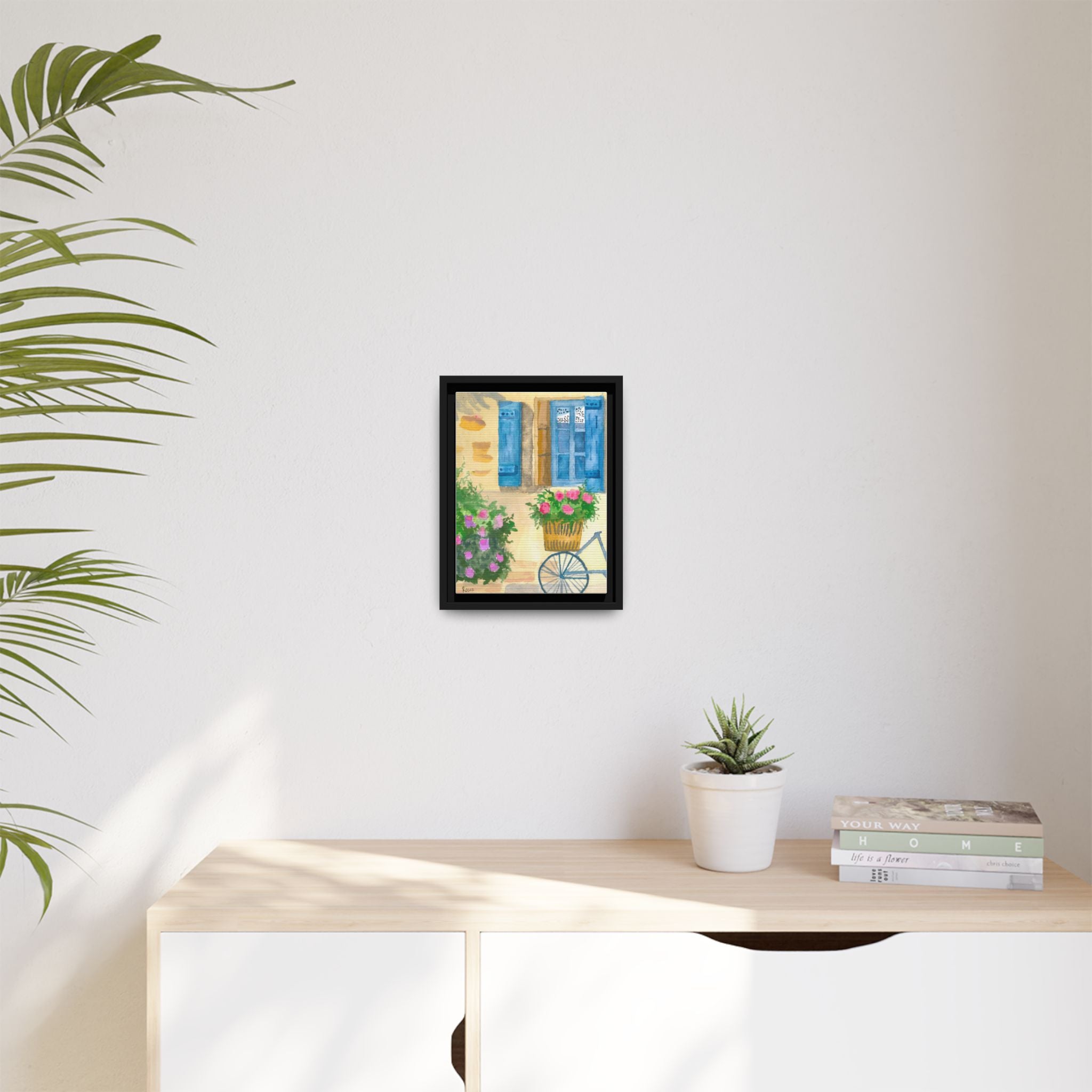 Framed Canvas Art — Bicycle by Blue Shutter Window, Floral Cottage Wall Decor by Rocco Scoggins