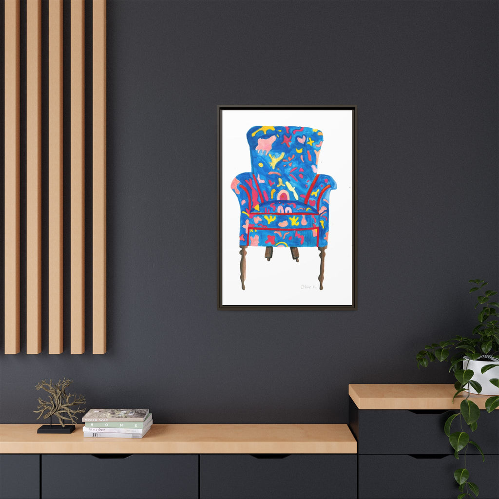 Framed Bright Blue Armchair Canvas Print — Colorful Floral Accent Art - By Olive Highfield