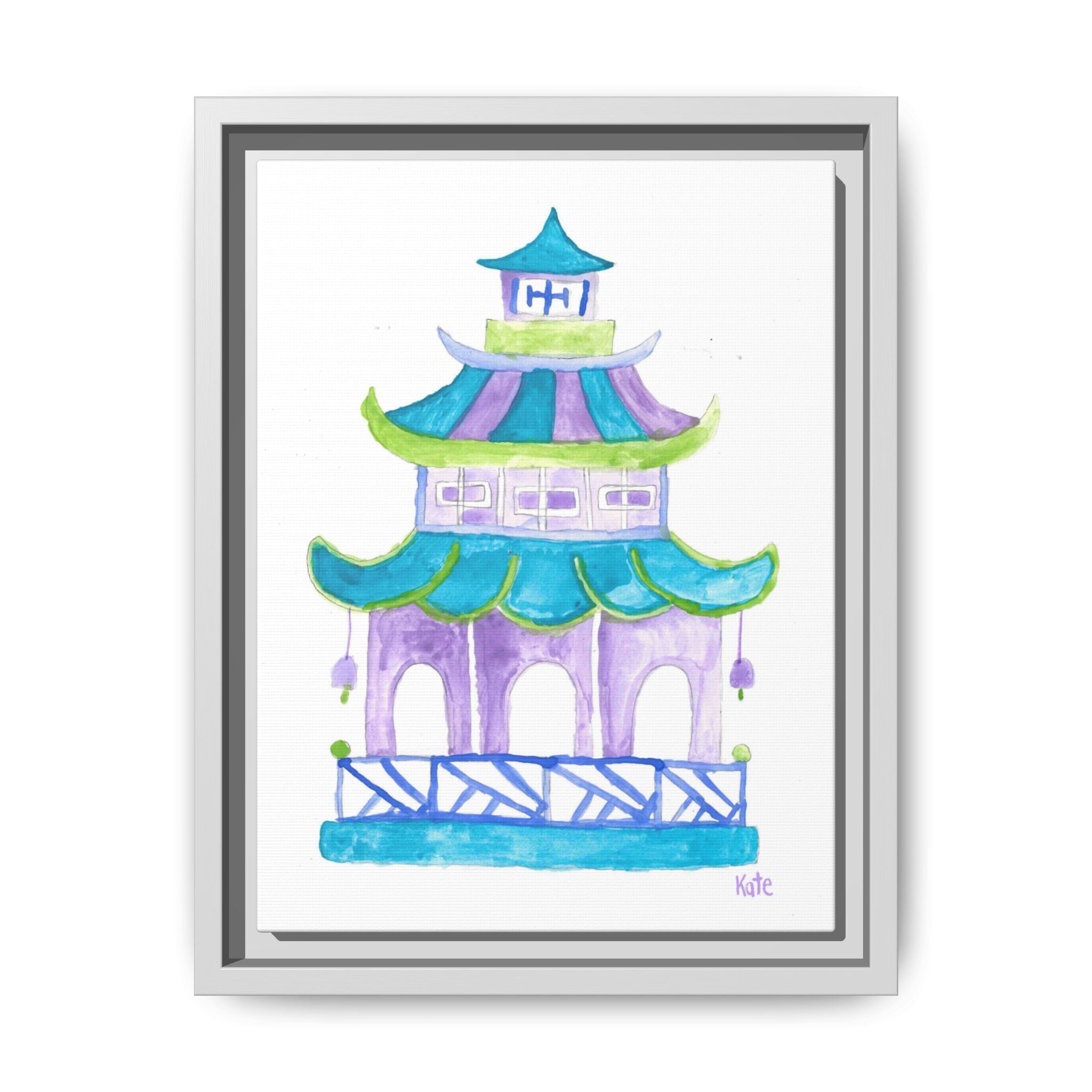 Pagoda Watercolor Wall Art — Framed Matte Canvas Print (Teal & Lavender) - By Kate