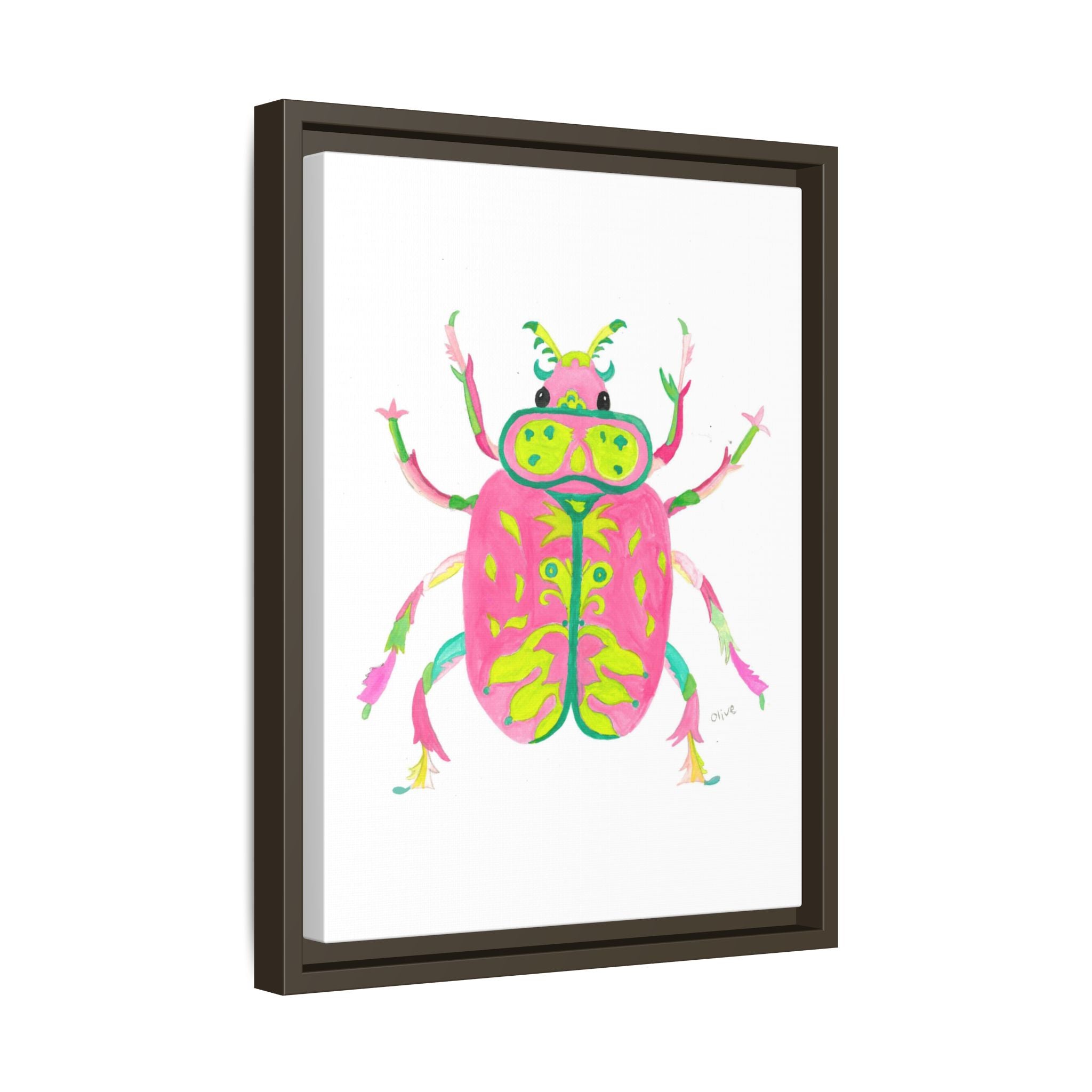 Neon Beetle Framed Canvas Print — Vibrant Pink & Lime Bug Wall Art - By Olive Highfield