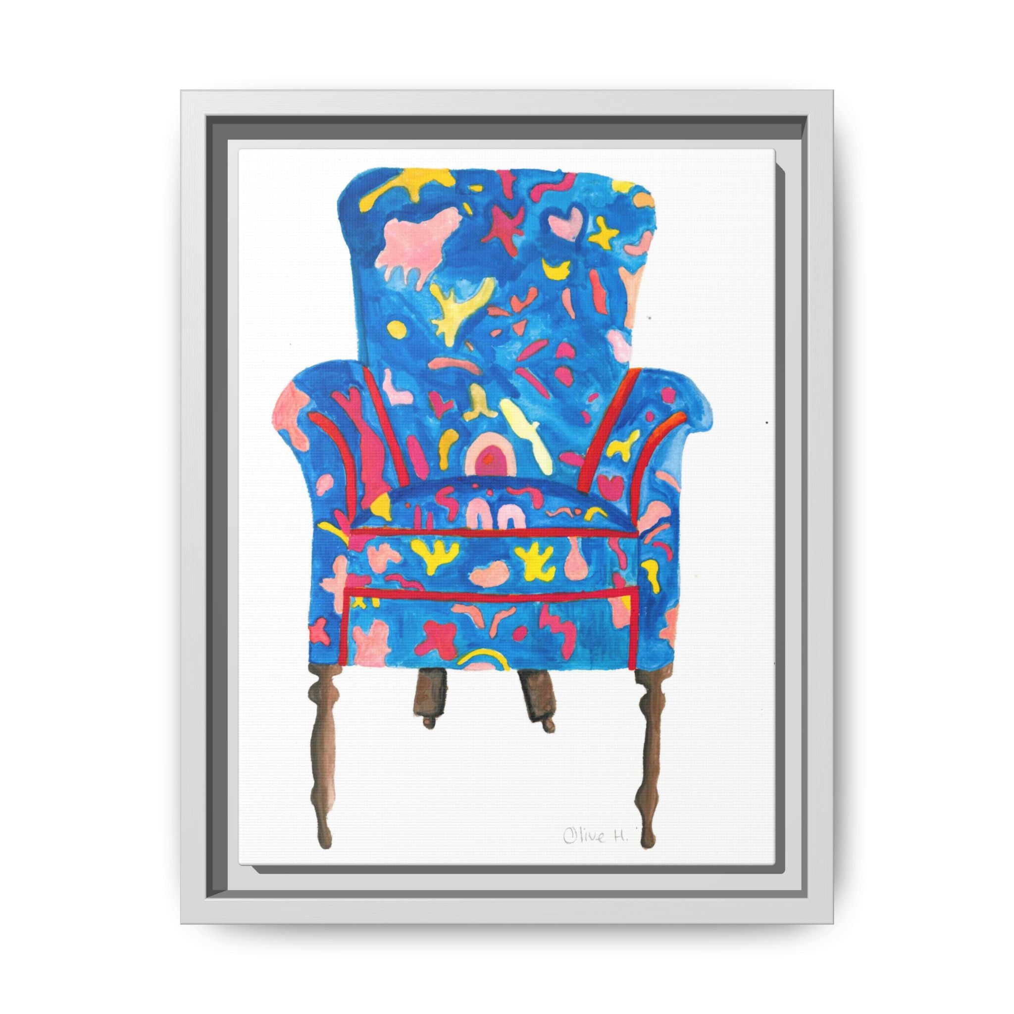 Framed Bright Blue Armchair Canvas Print — Colorful Floral Accent Art - By Olive Highfield
