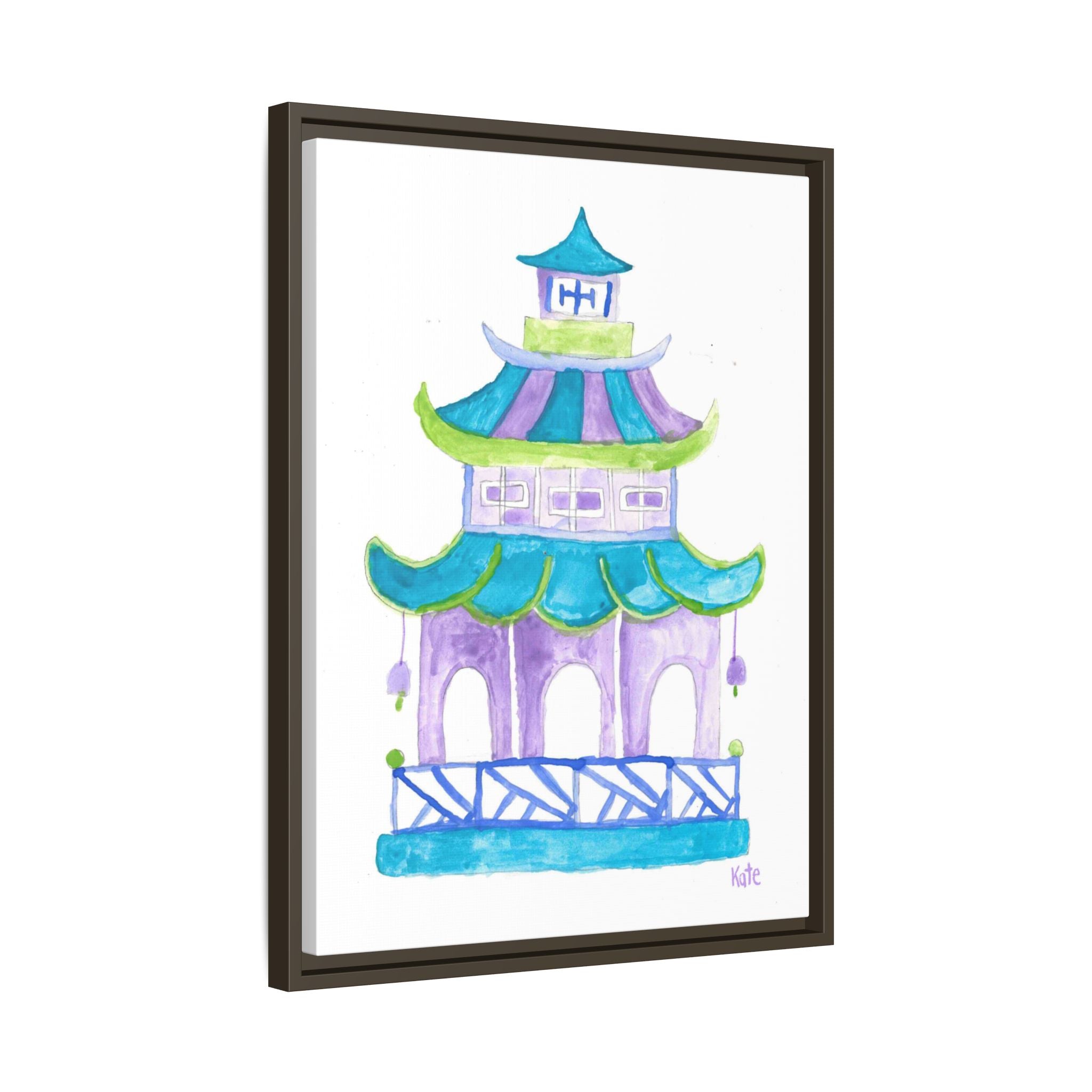 Pagoda Watercolor Wall Art — Framed Matte Canvas Print (Teal & Lavender) - By Kate