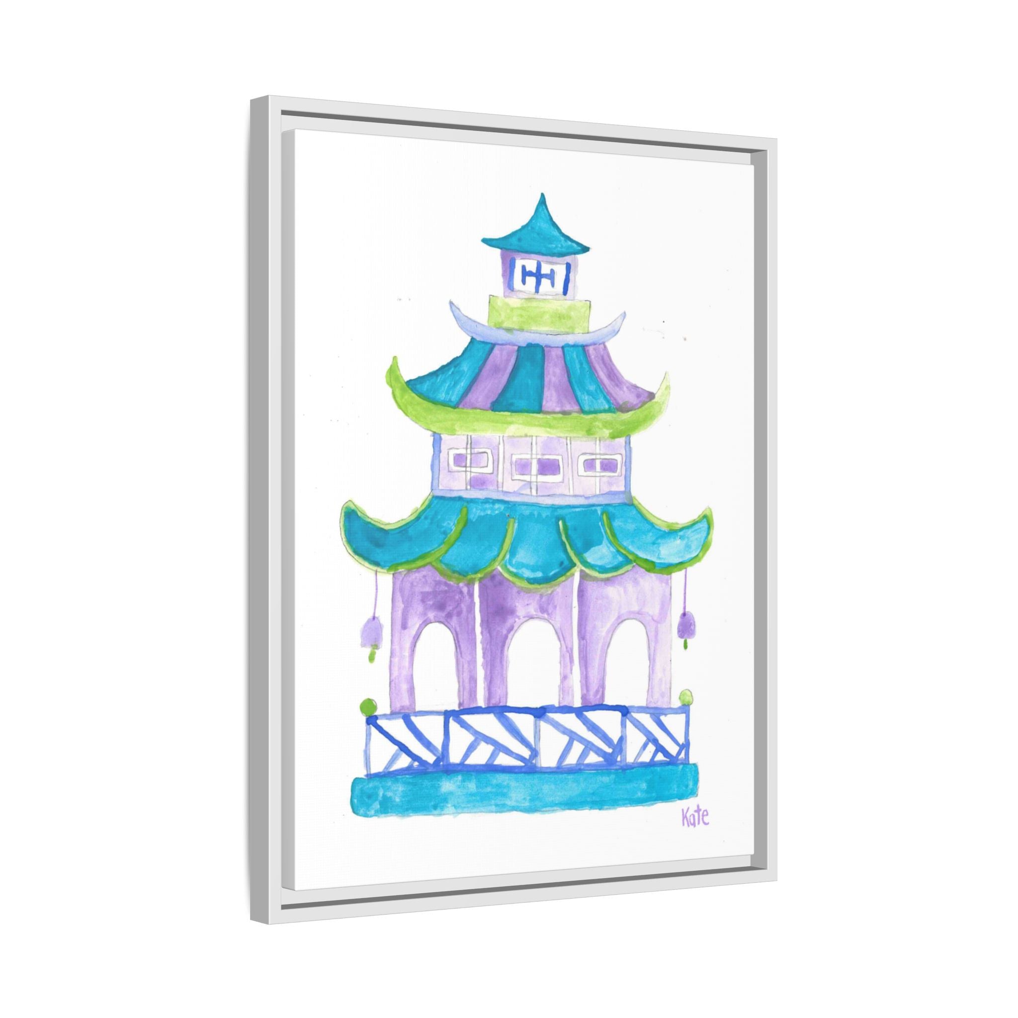 Pagoda Watercolor Wall Art — Framed Matte Canvas Print (Teal & Lavender) - By Kate