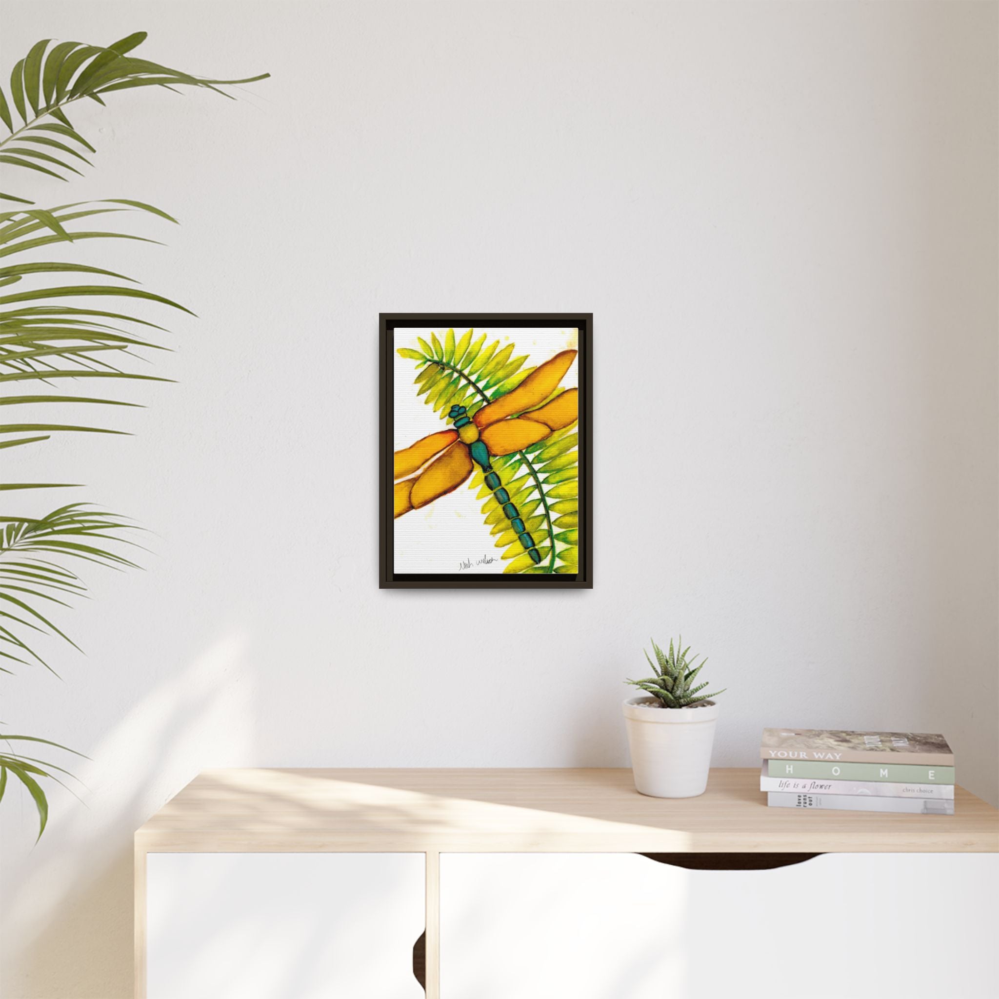 Framed Dragonfly Art Print - Tropical Yellow Green Matte Canvas - By Noah Wilson