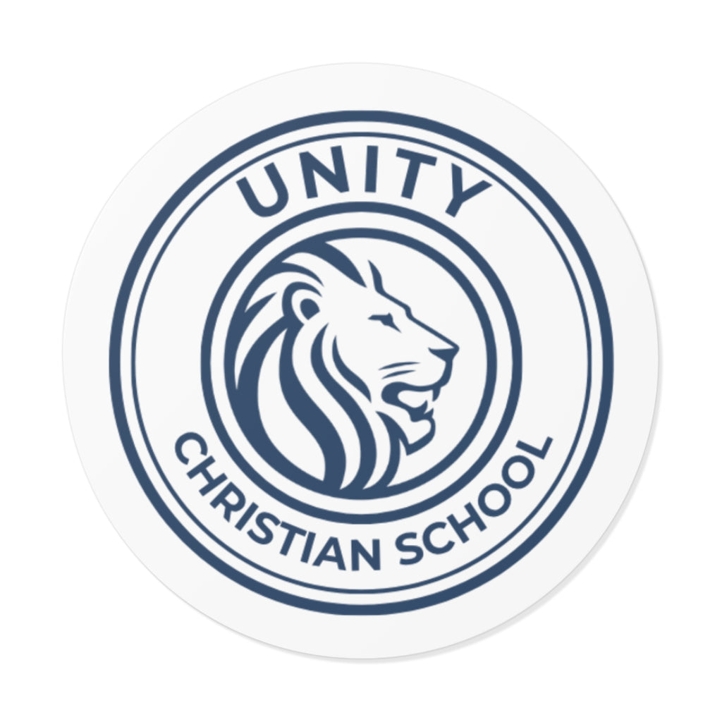 Round Unity Christian School Logo Sticker — Lion Emblem Vinyl Sticker