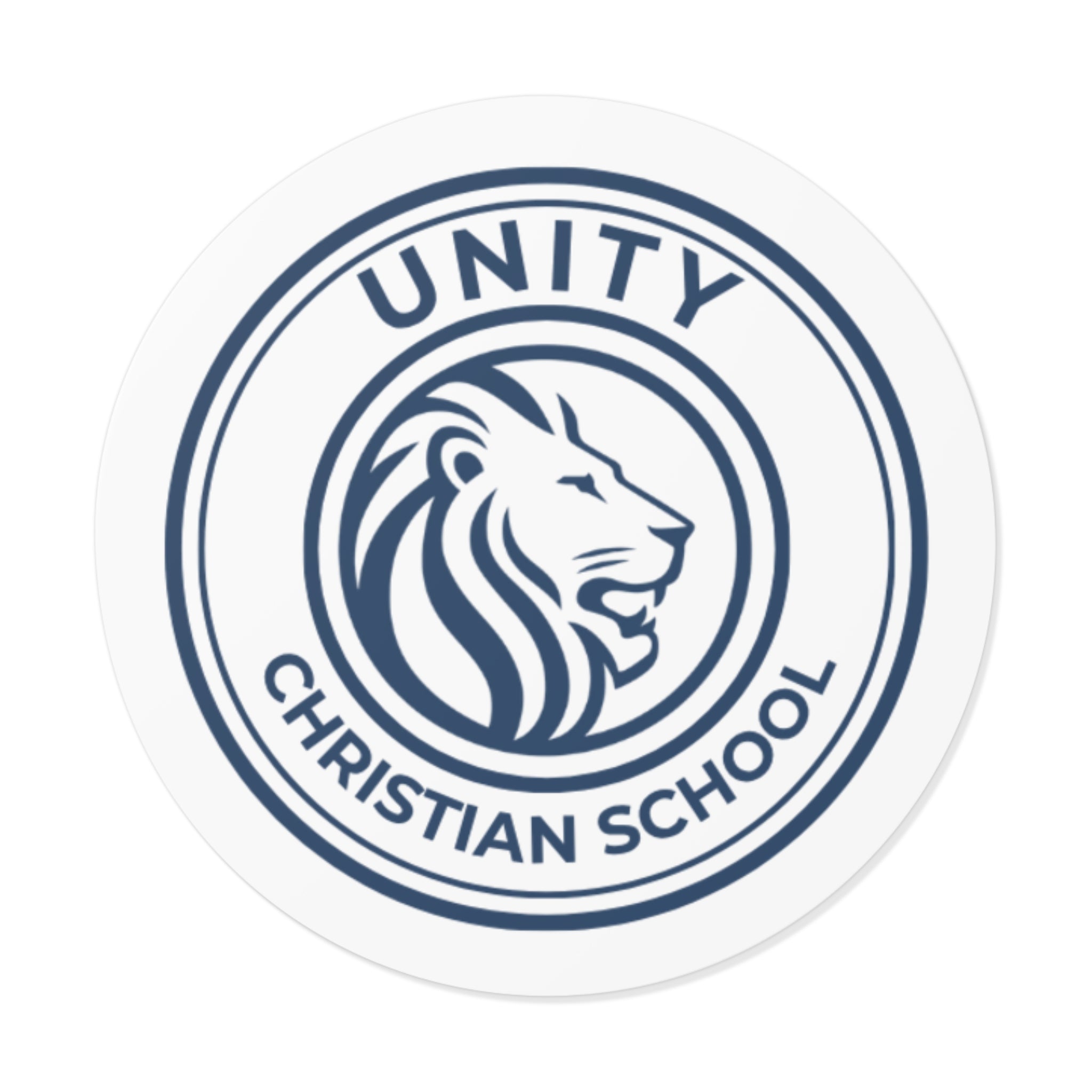 Round Unity Christian School Logo Sticker — Lion Emblem Vinyl Sticker