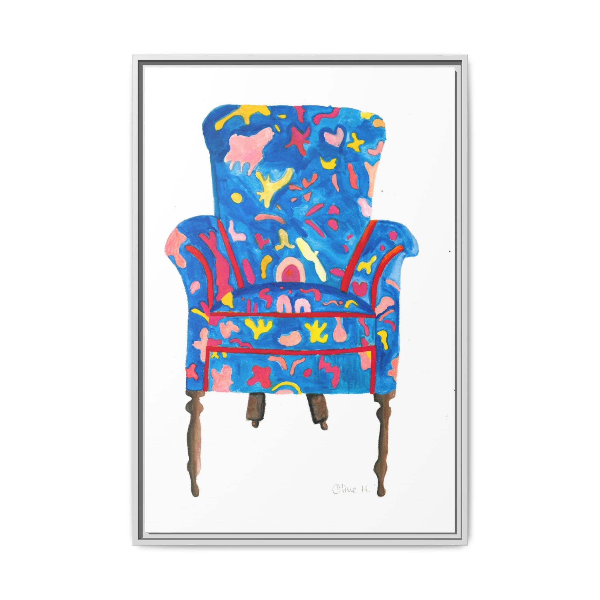 Framed Bright Blue Armchair Canvas Print — Colorful Floral Accent Art - By Olive Highfield
