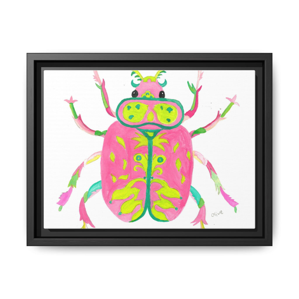 Neon Beetle Framed Canvas Print — Vibrant Pink & Lime Bug Wall Art - By Olive Highfield