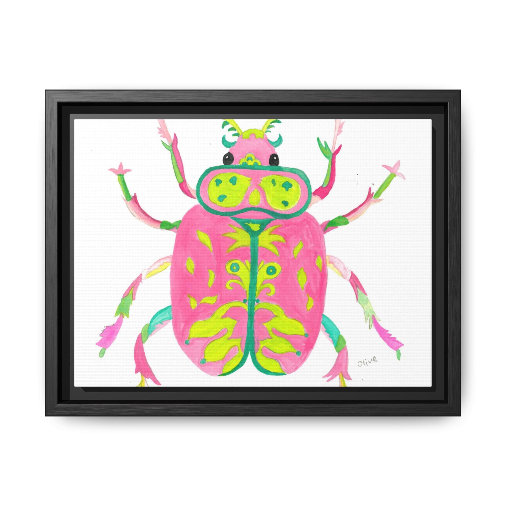 Neon Beetle Framed Canvas Print — Vibrant Pink & Lime Bug Wall Art - By Olive Highfield