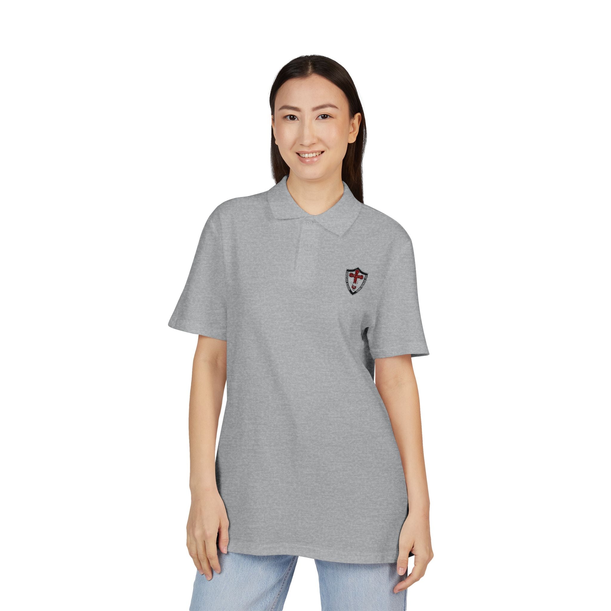Shield Polo Shirt — Classic Crest Logo on Heather Gray (Heat Press)