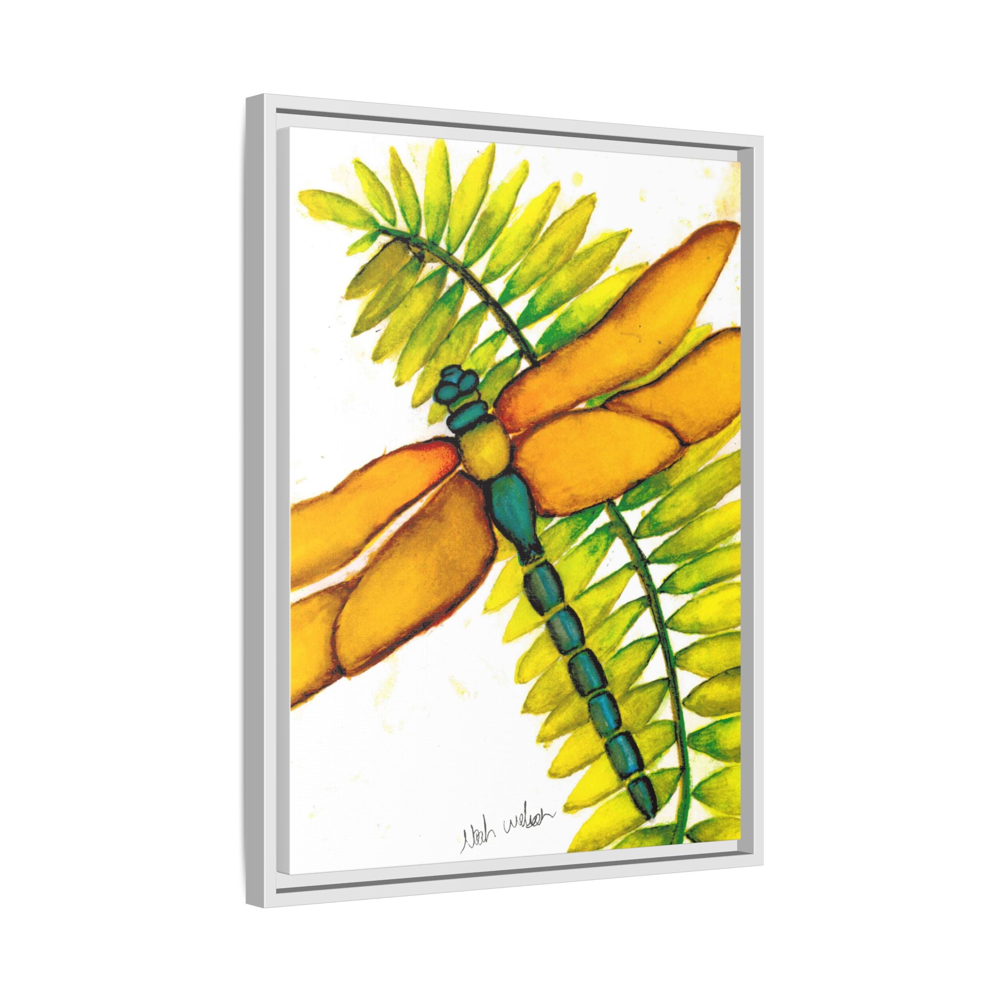 Framed Dragonfly Art Print - Tropical Yellow Green Matte Canvas - By Noah Wilson
