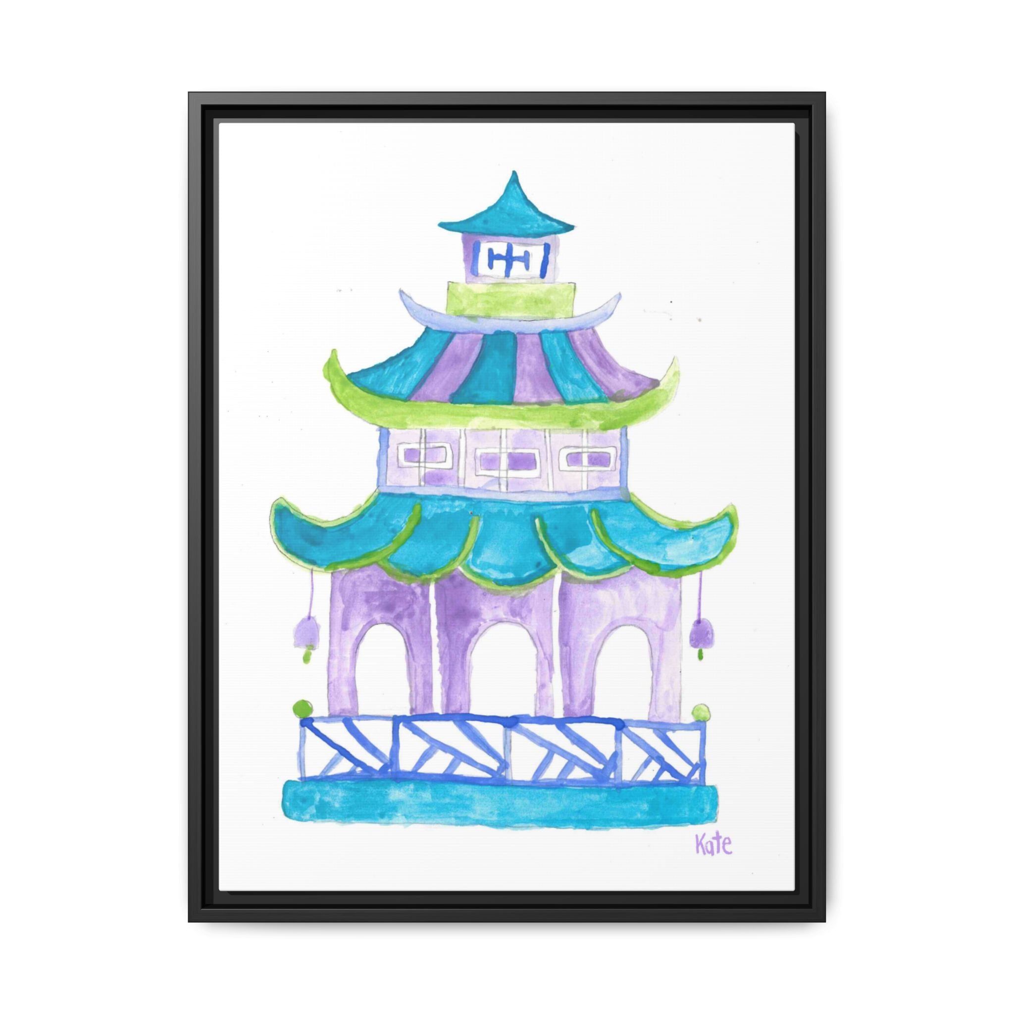 Pagoda Watercolor Wall Art — Framed Matte Canvas Print (Teal & Lavender) - By Kate