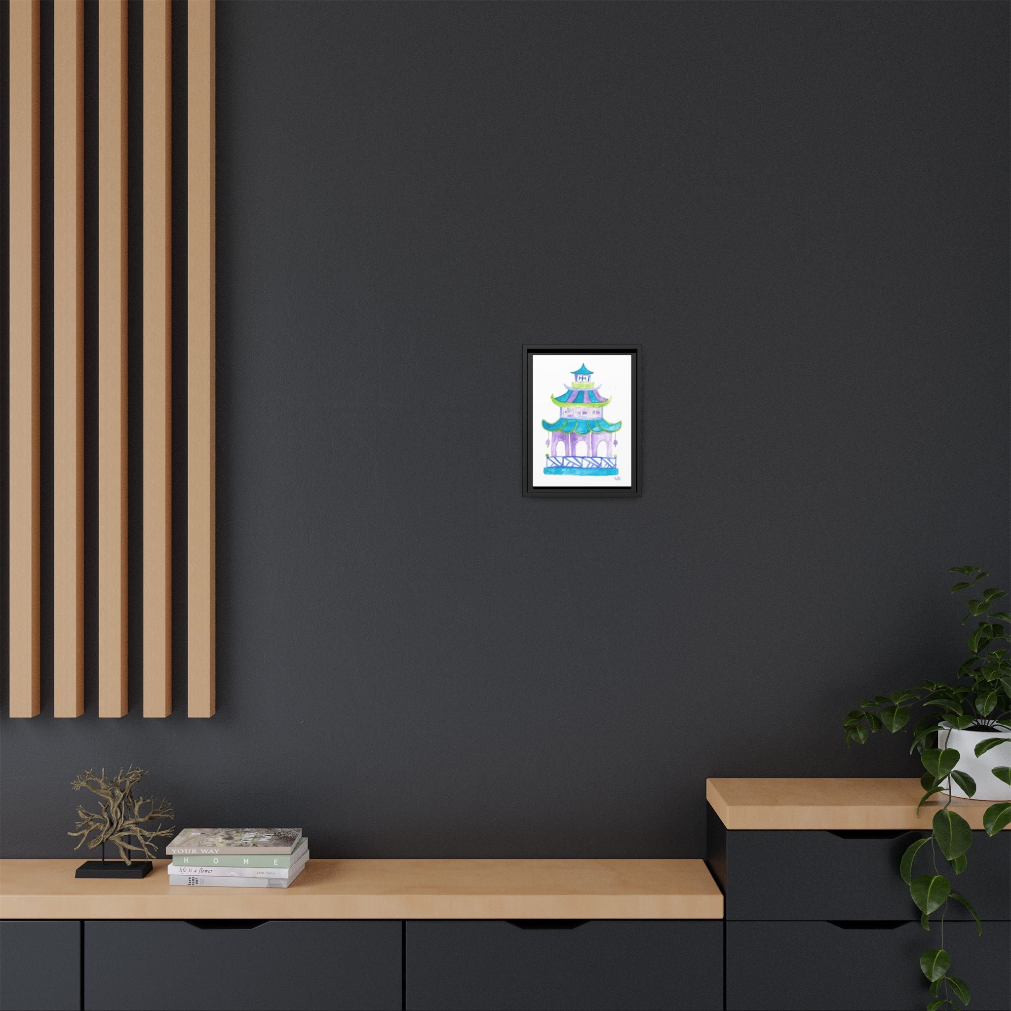 Pagoda Watercolor Wall Art — Framed Matte Canvas Print (Teal & Lavender) - By Kate