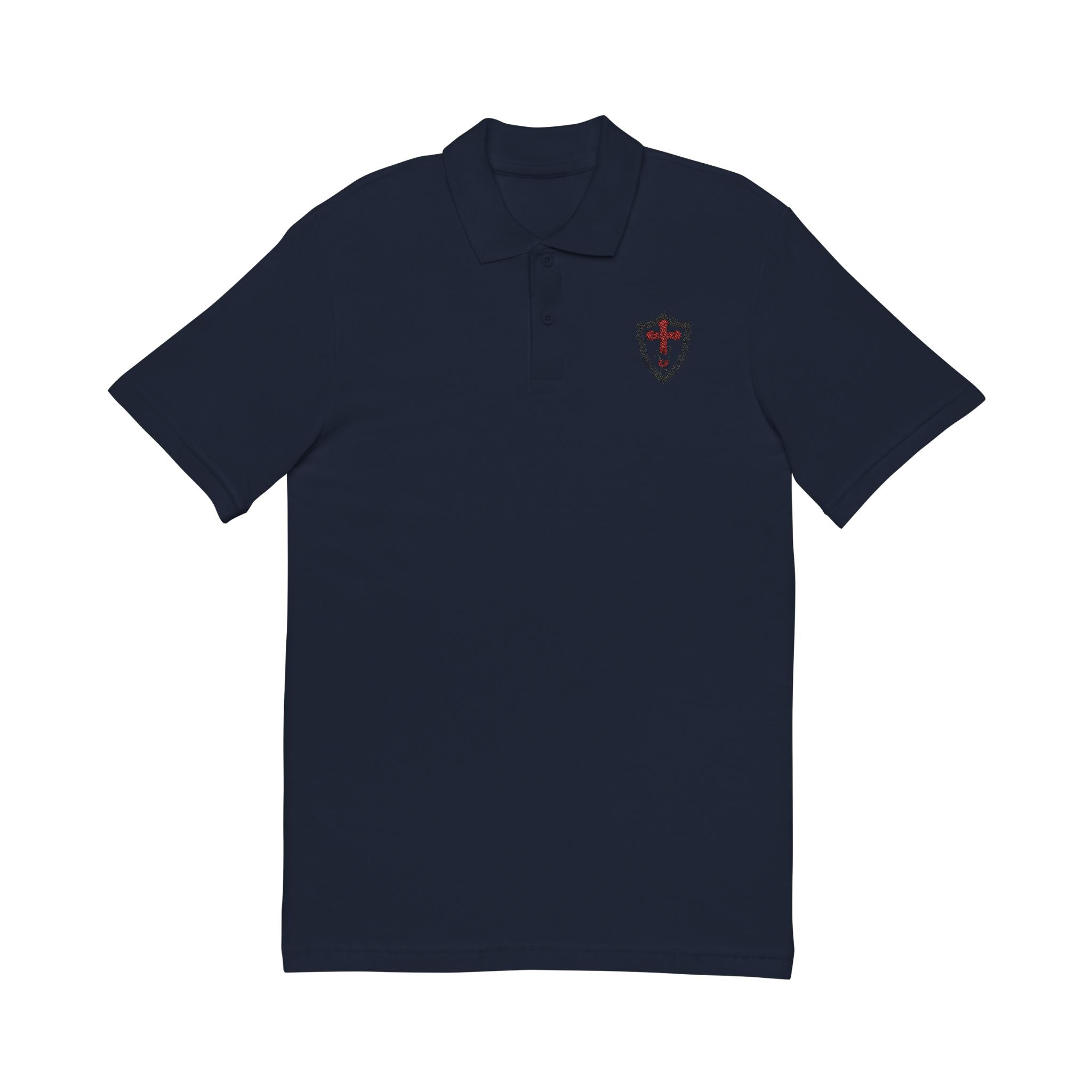 Shield Polo Shirt — Classic Crest Logo on Heather Gray (Heat Press)