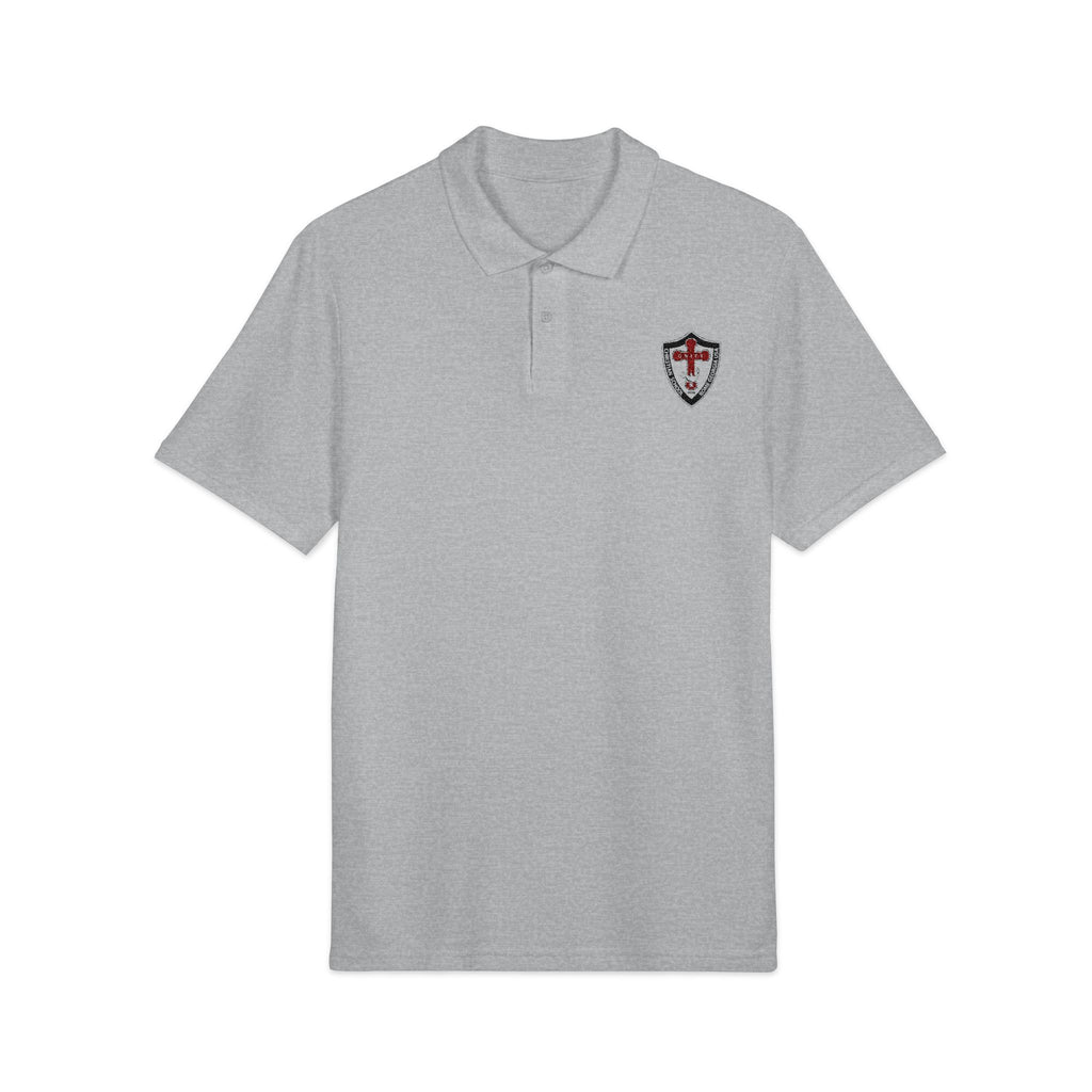 Shield Polo Shirt — Classic Crest Logo on Heather Gray (Heat Press)