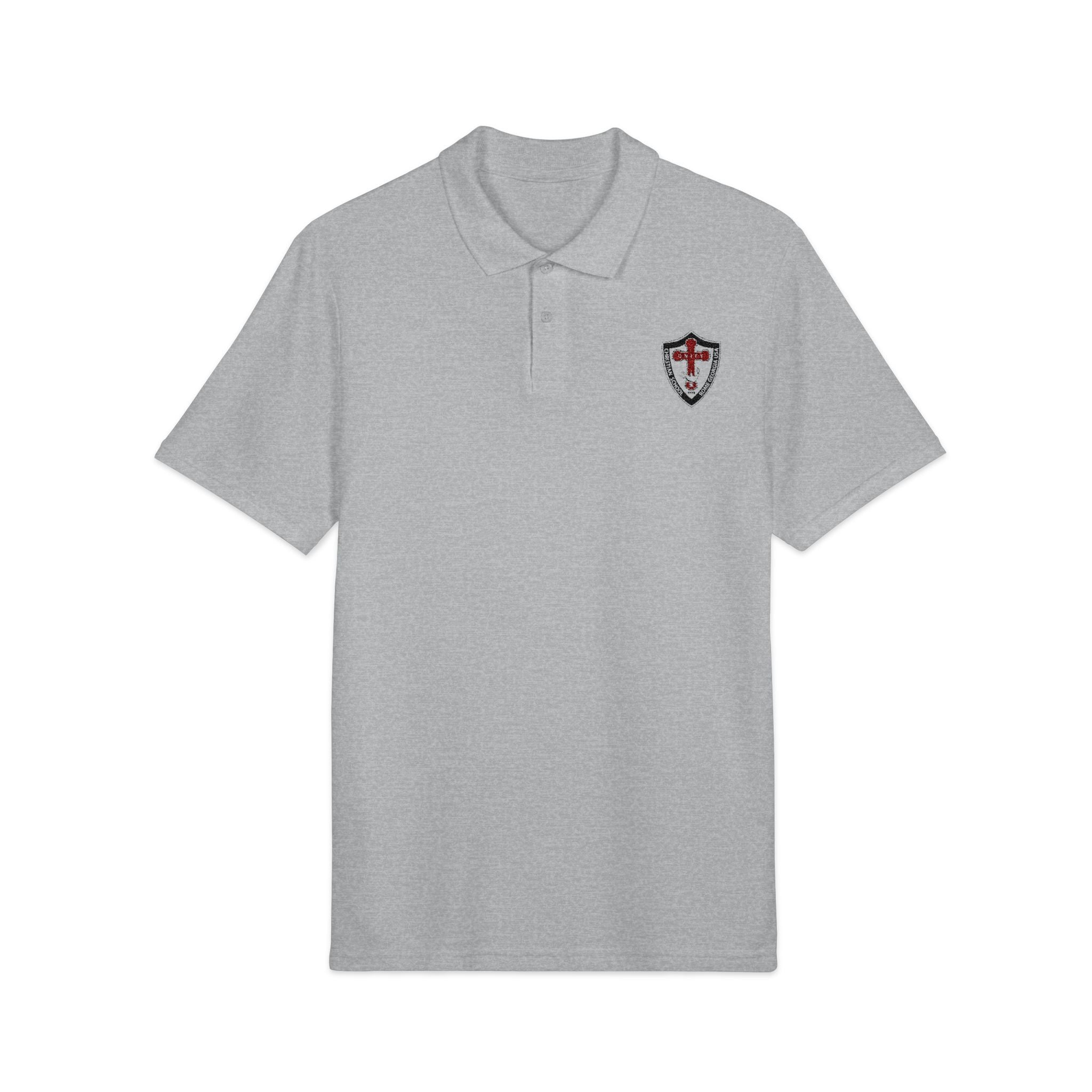 Shield Polo Shirt — Classic Crest Logo on Heather Gray (Heat Press)