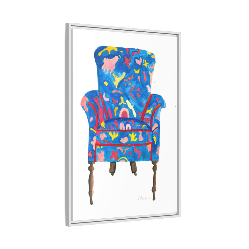 Framed Bright Blue Armchair Canvas Print — Colorful Floral Accent Art - By Olive Highfield
