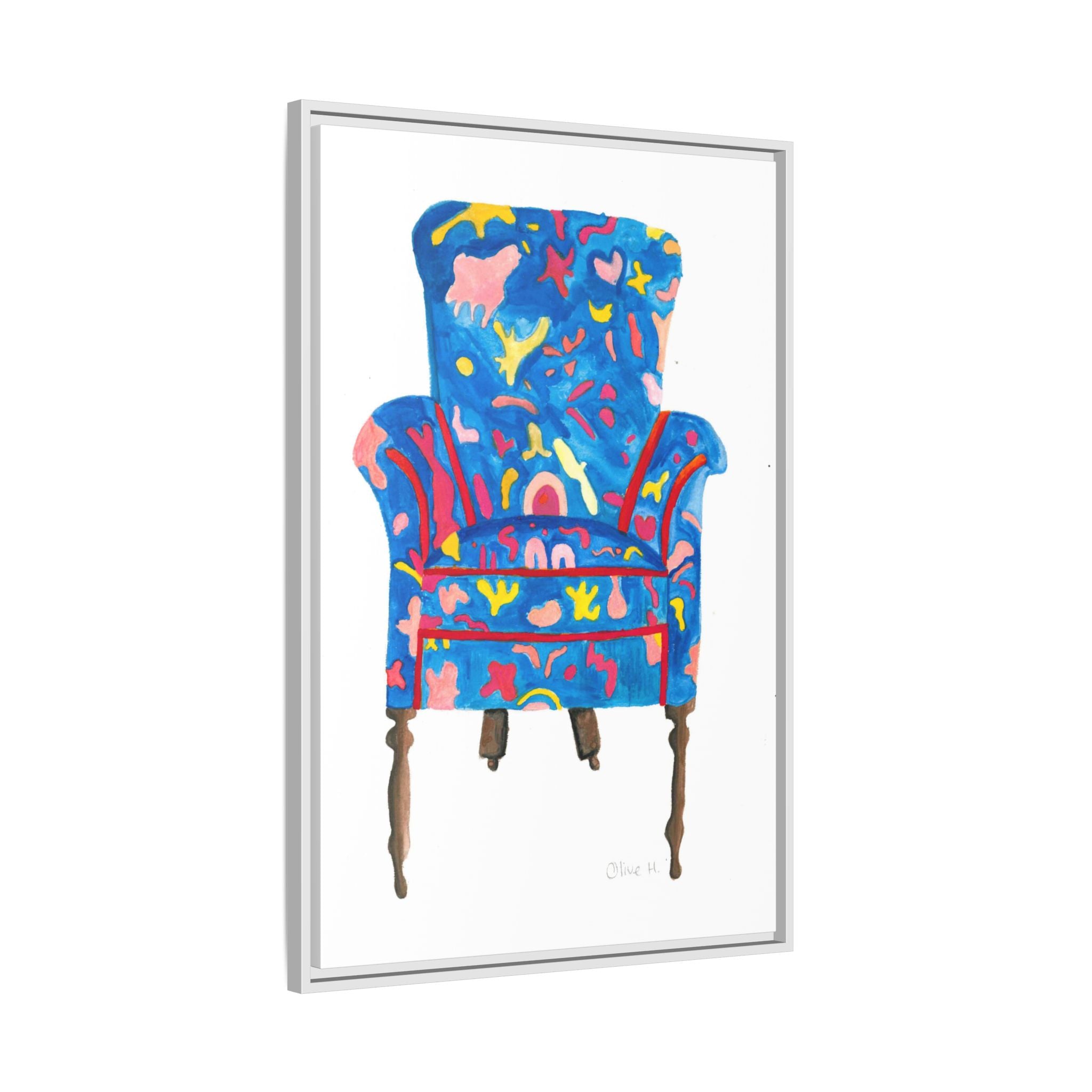 Framed Bright Blue Armchair Canvas Print — Colorful Floral Accent Art - By Olive Highfield