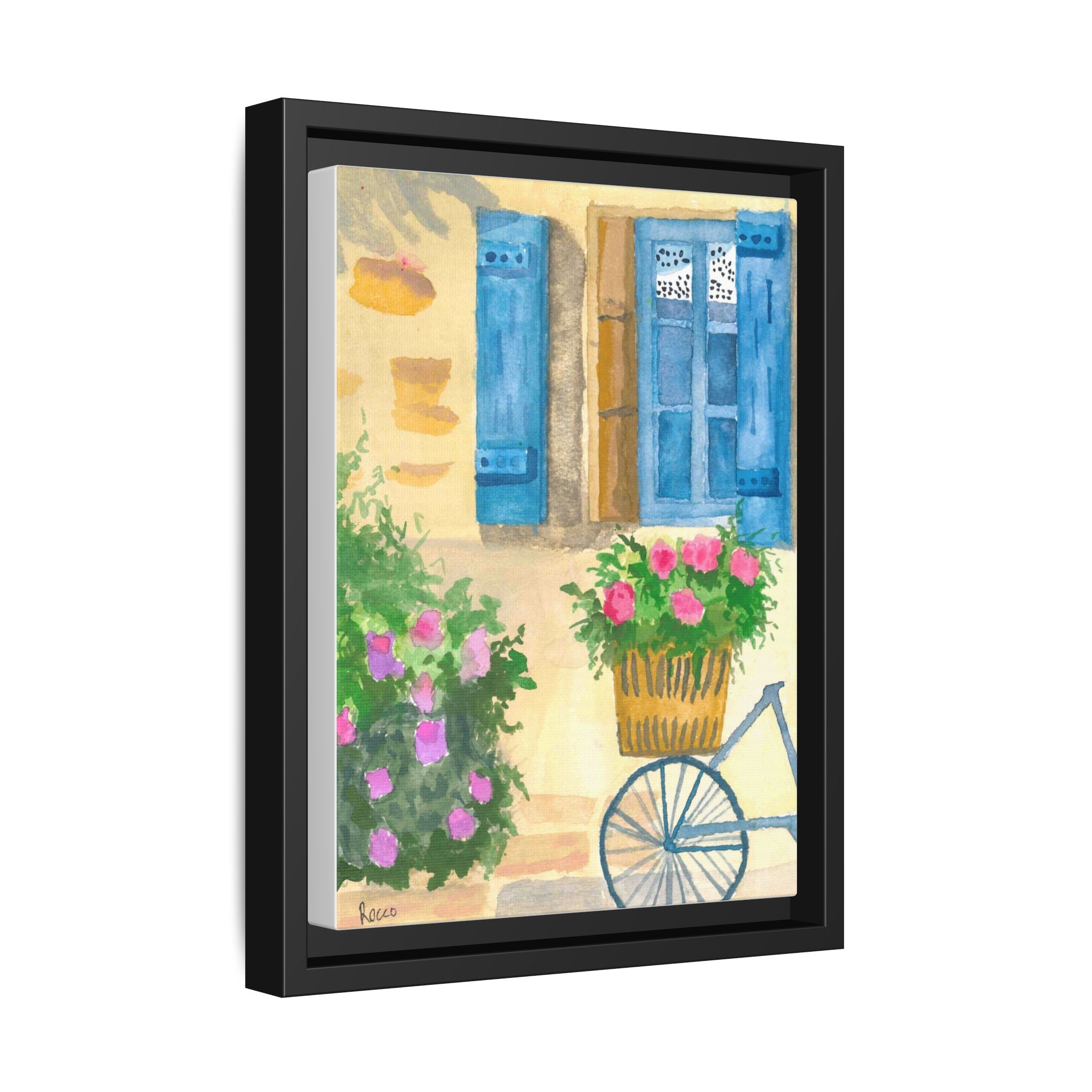 Framed Canvas Art — Bicycle by Blue Shutter Window, Floral Cottage Wall Decor by Rocco Scoggins