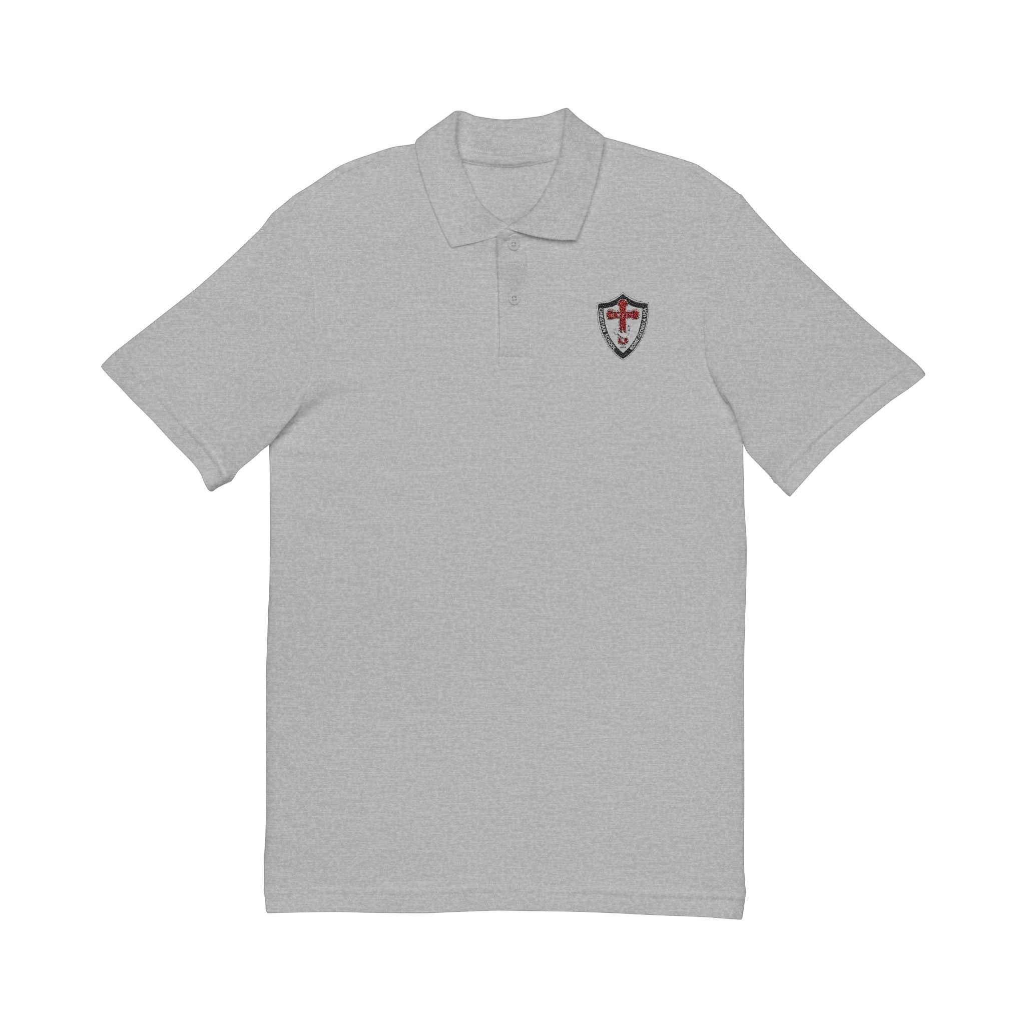 Shield Polo Shirt — Classic Crest Logo on Heather Gray (Heat Press)