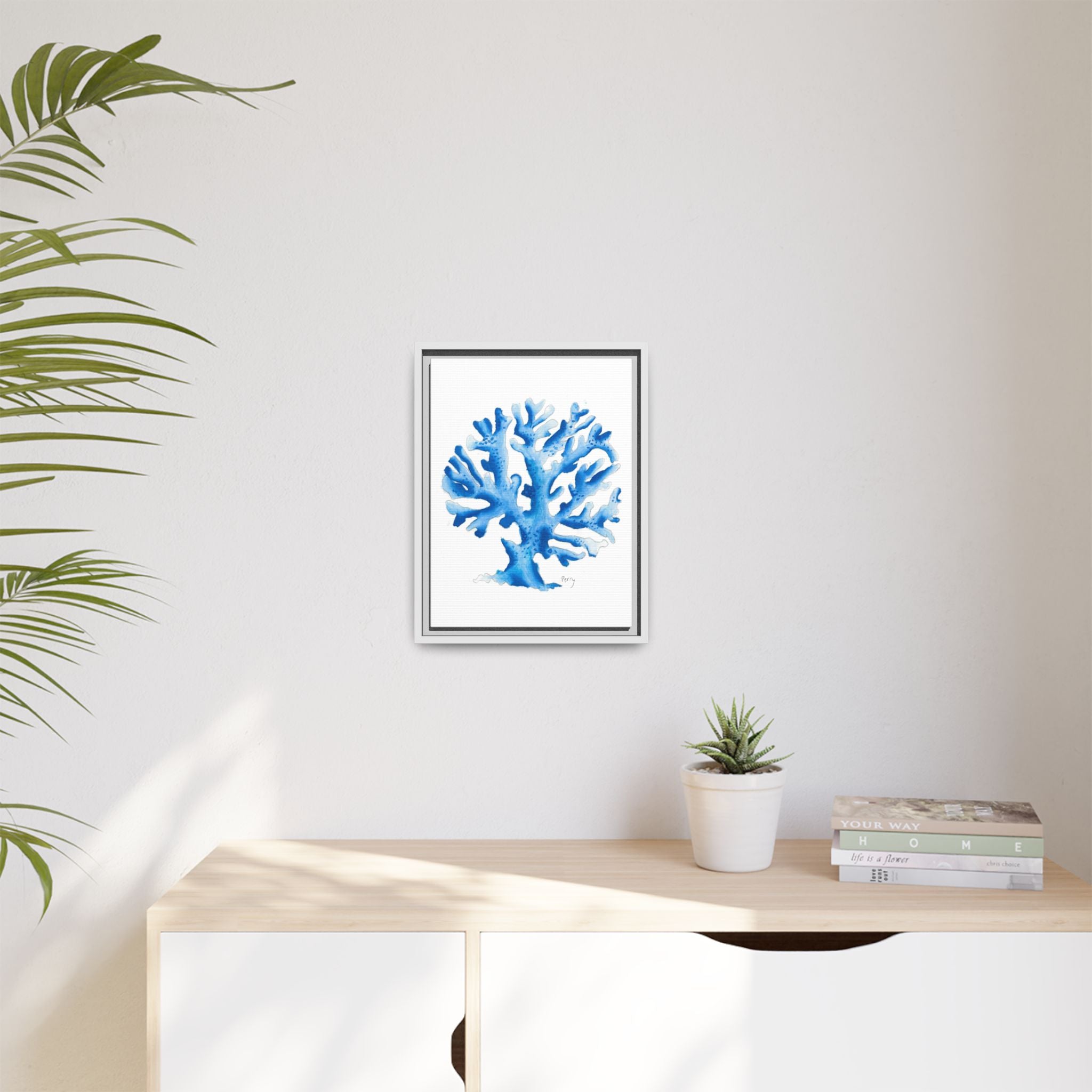 Blue Coral Watercolor Matte Canvas Print (Framed) - By Perry