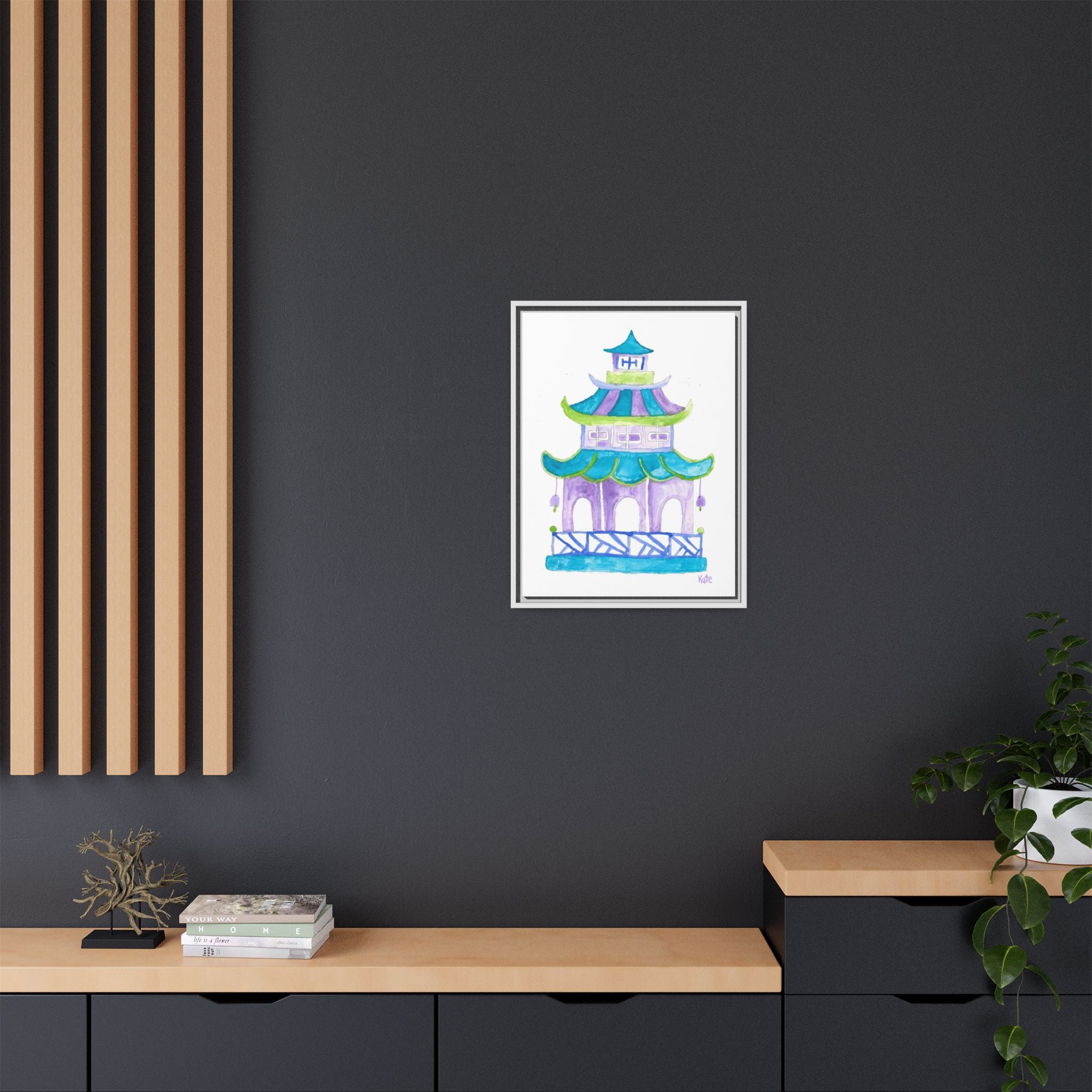 Pagoda Watercolor Wall Art — Framed Matte Canvas Print (Teal & Lavender) - By Kate