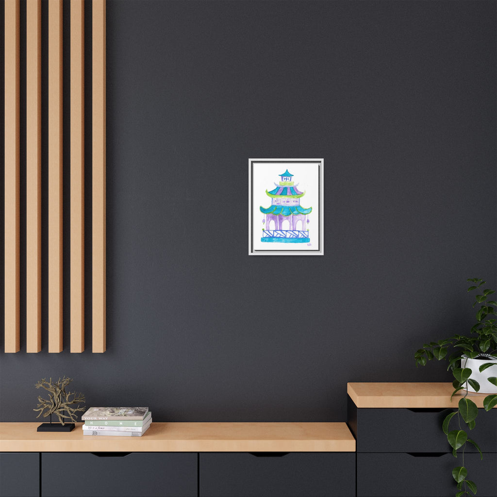 Pagoda Watercolor Wall Art — Framed Matte Canvas Print (Teal & Lavender) - By Kate