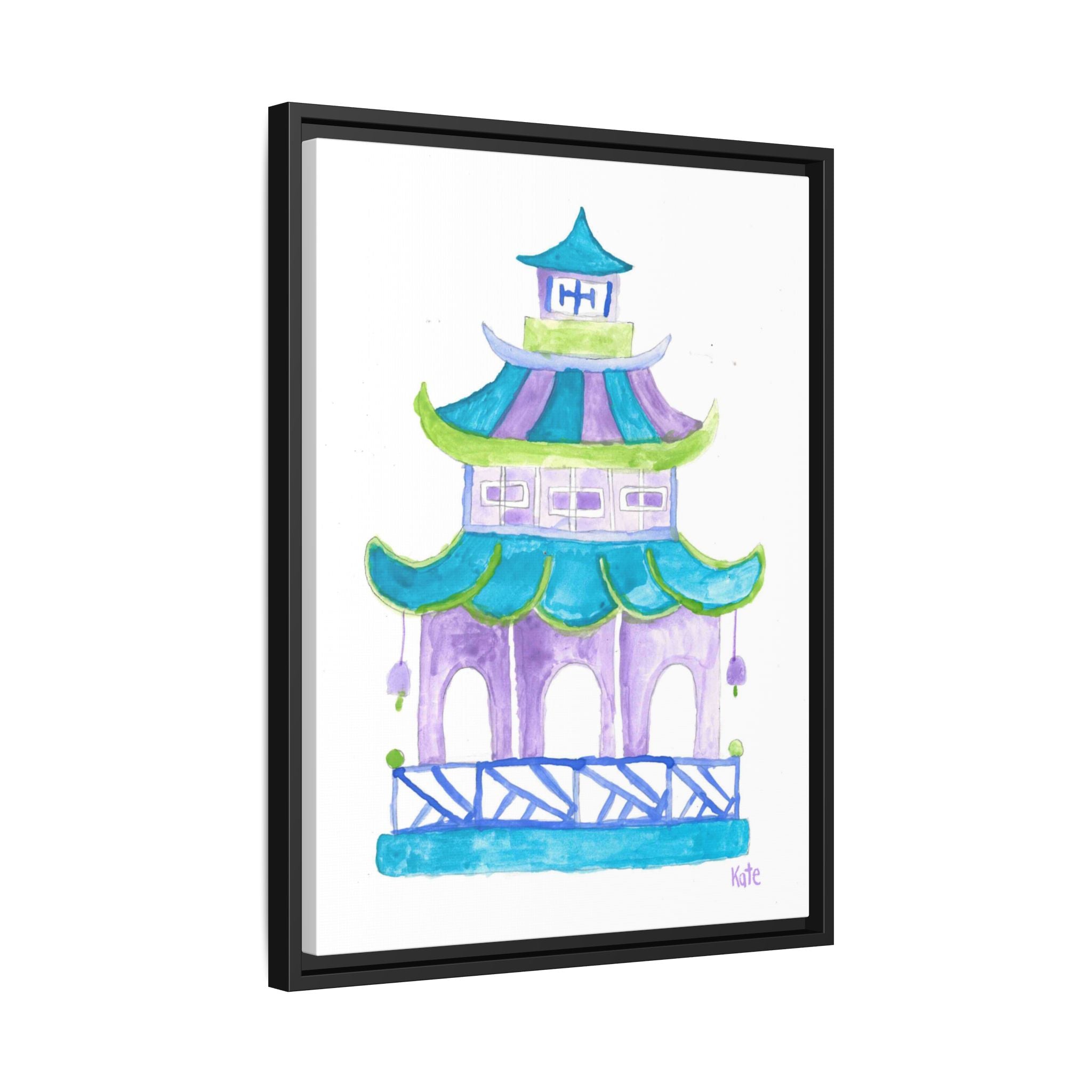 Pagoda Watercolor Wall Art — Framed Matte Canvas Print (Teal & Lavender) - By Kate