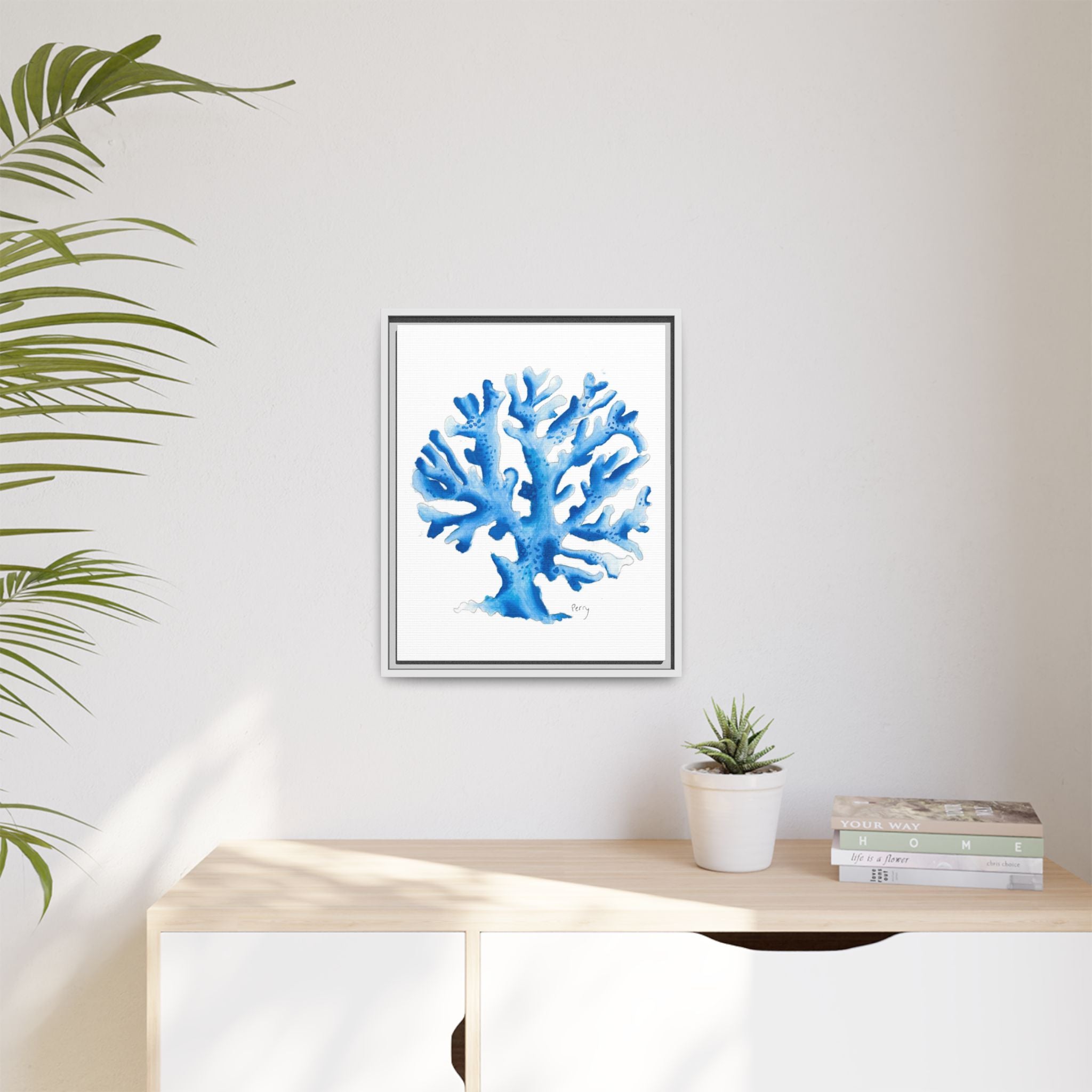 Blue Coral Watercolor Matte Canvas Print (Framed) - By Perry