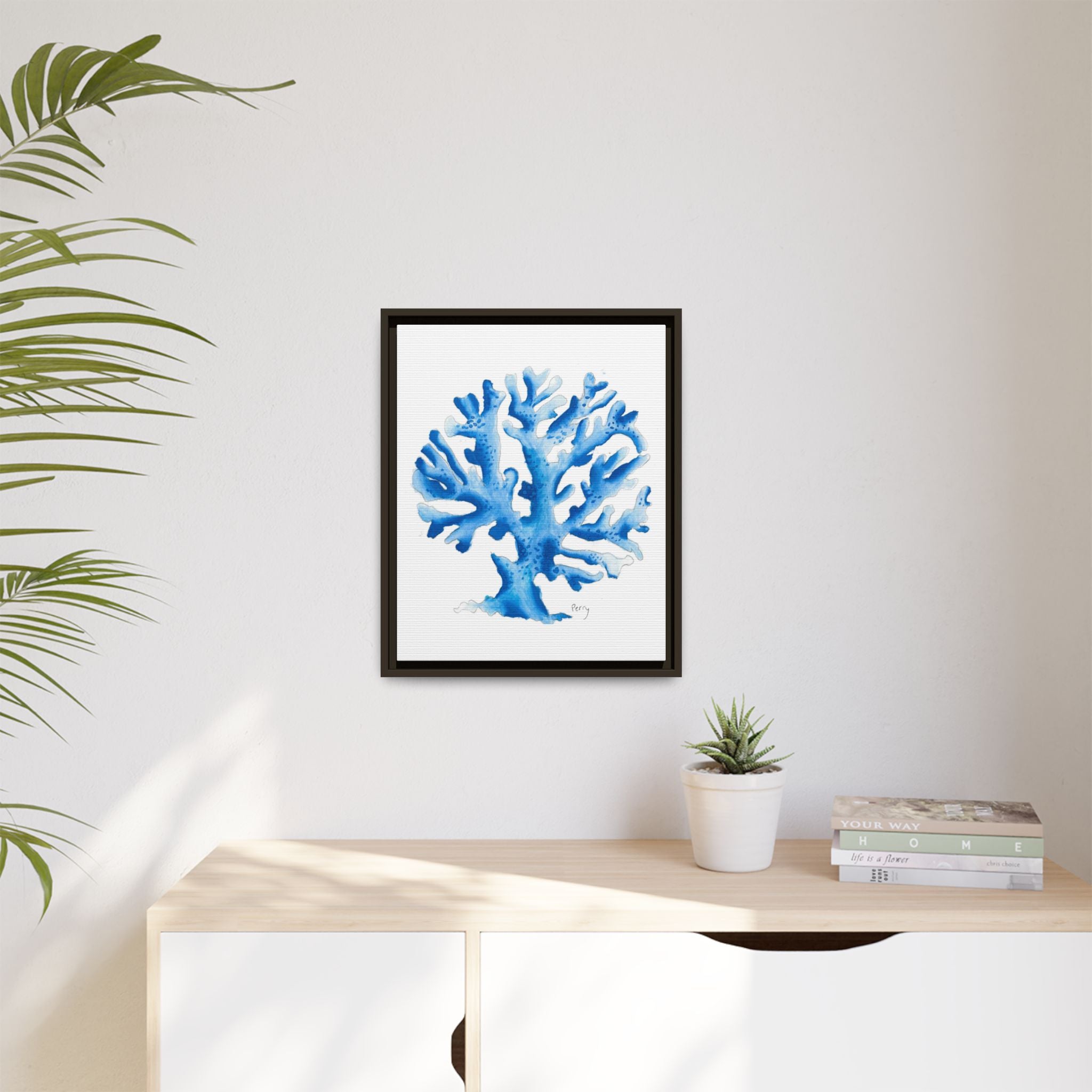 Blue Coral Watercolor Matte Canvas Print (Framed) - By Perry