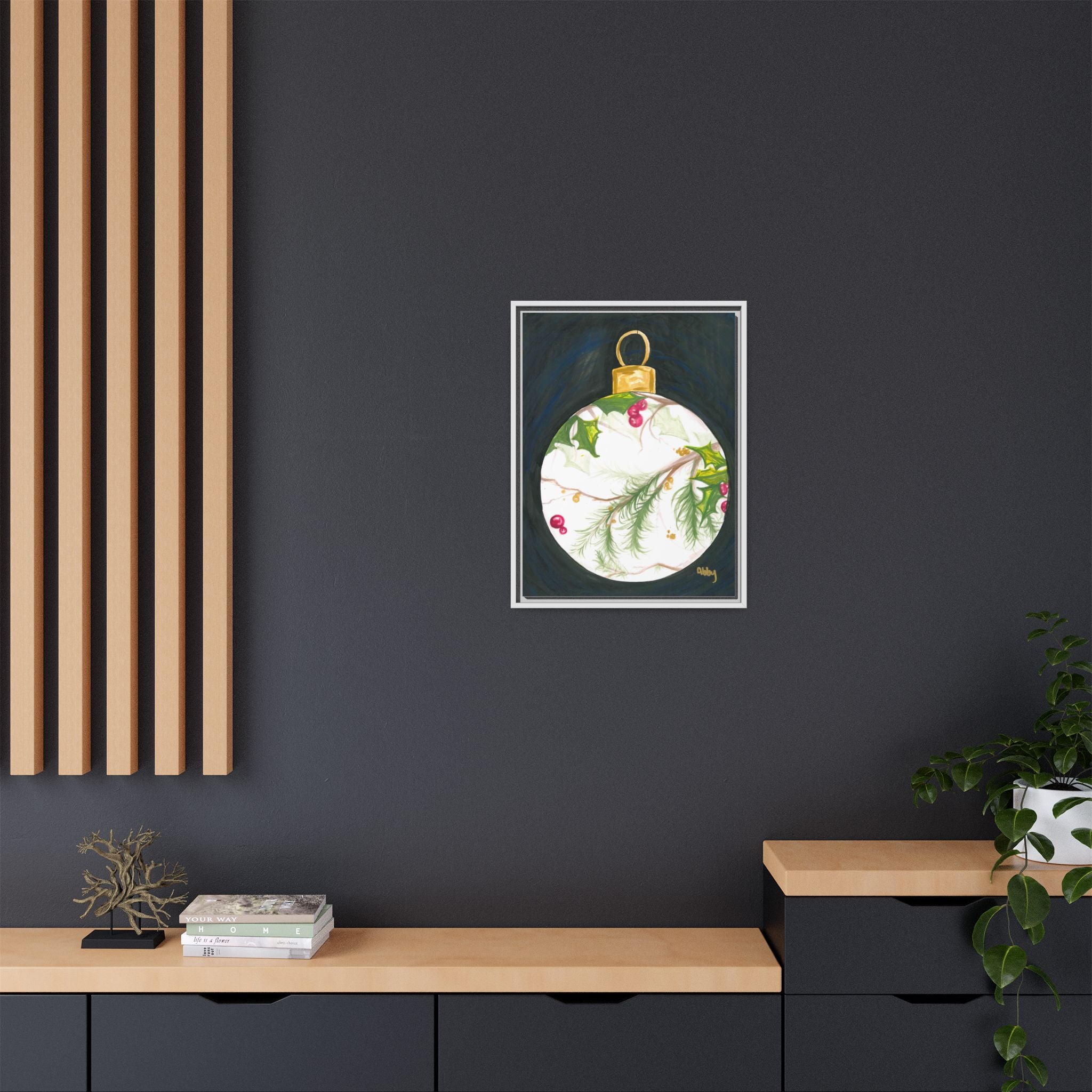 Framed Christmas Ornament Art Print — Holiday Holly & Pine Matte Canvas - By ABBY SANDI