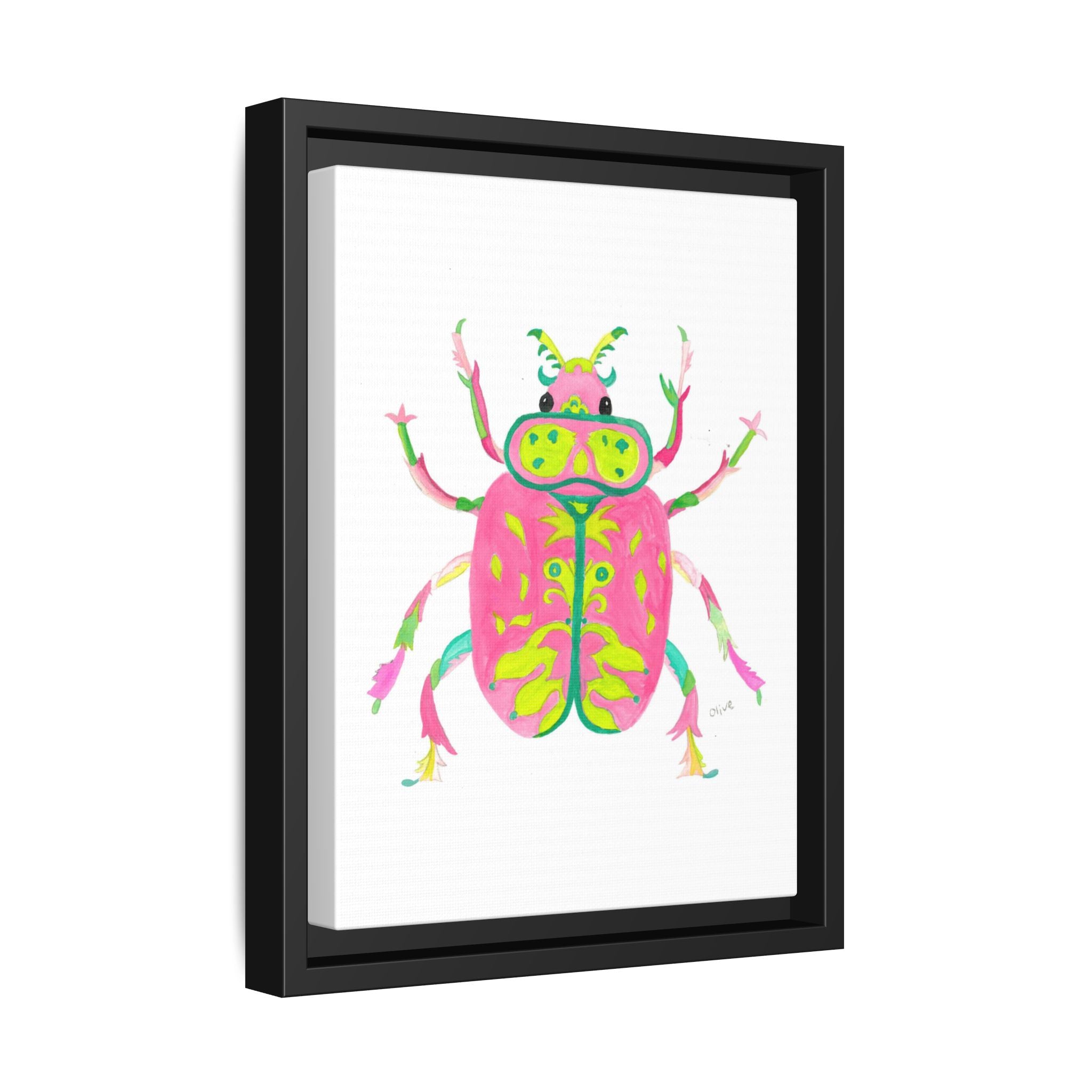 Neon Beetle Framed Canvas Print — Vibrant Pink & Lime Bug Wall Art - By Olive Highfield